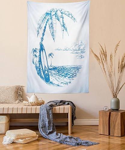 Miniatura 1 de Ambesonne Tapiz de surf, ilustración contemporánea de boceto hawaiano, playa, tabla de surf, palmeras, agua del océano, decoración de tela para