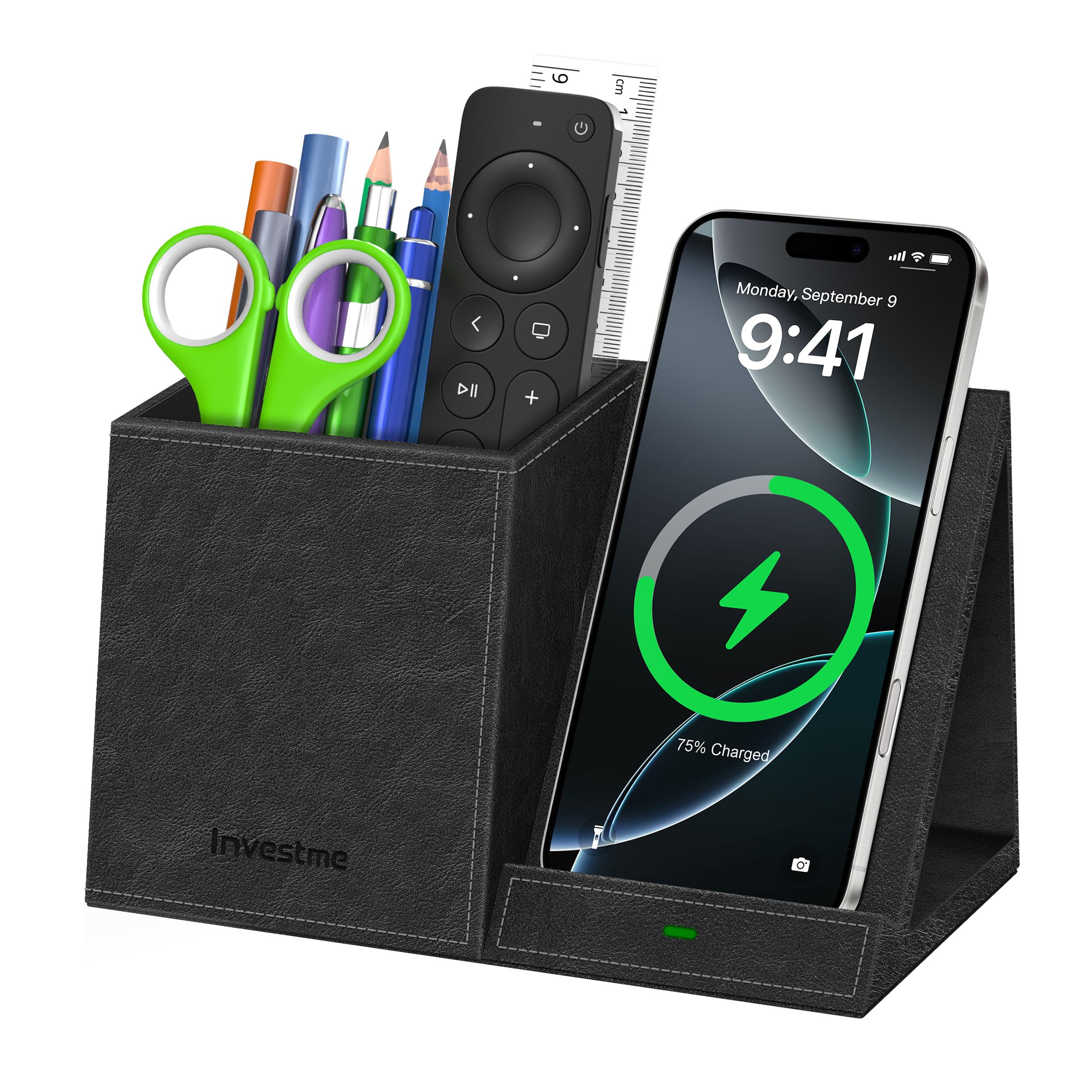 Soporte para bolígrafo con cargador inalámbrico, soporte para lápices para escritorio, organizador de escritorio multifuncional, o