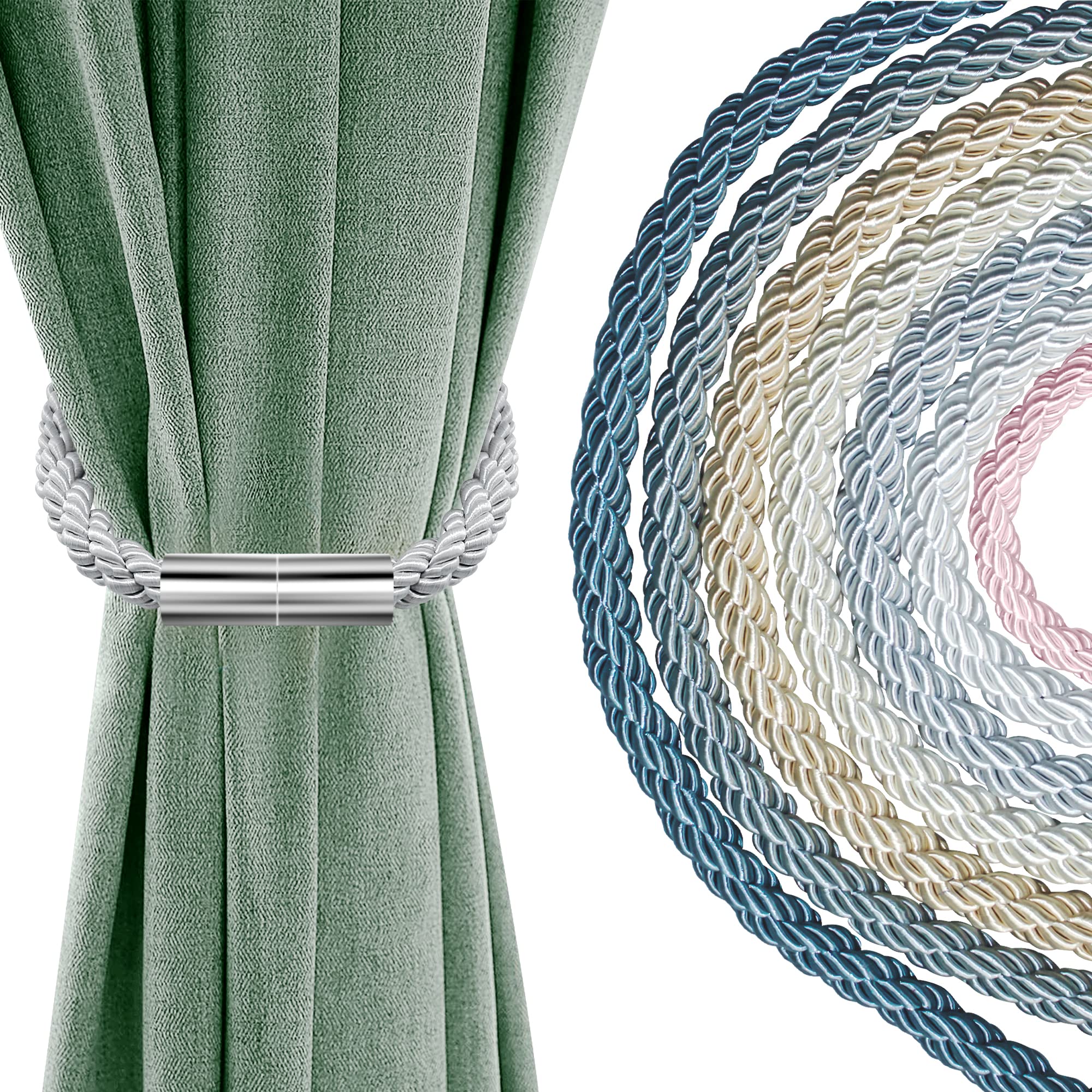 VIKIMORA 2 Pack Curtain Tiebacks - Strong Magnetic Curtain Holders for Thick Drapes, Gray Cotton Rope Tie Backs for Heavy Duty Drapes