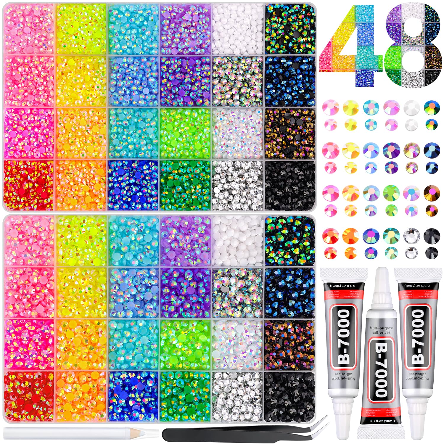 Photo 1 of 16000Pcs Resin Rhinestones for Bedazzling Kit, 2 Boxes Multicolor 4mm&5mm Bedazzled Crystal, Flatback Gems with 3Pcs 10ml B7000 Jewelry Glue for DIY Crafts Clothing Nail Art MakeupBIN 10-KG-53
