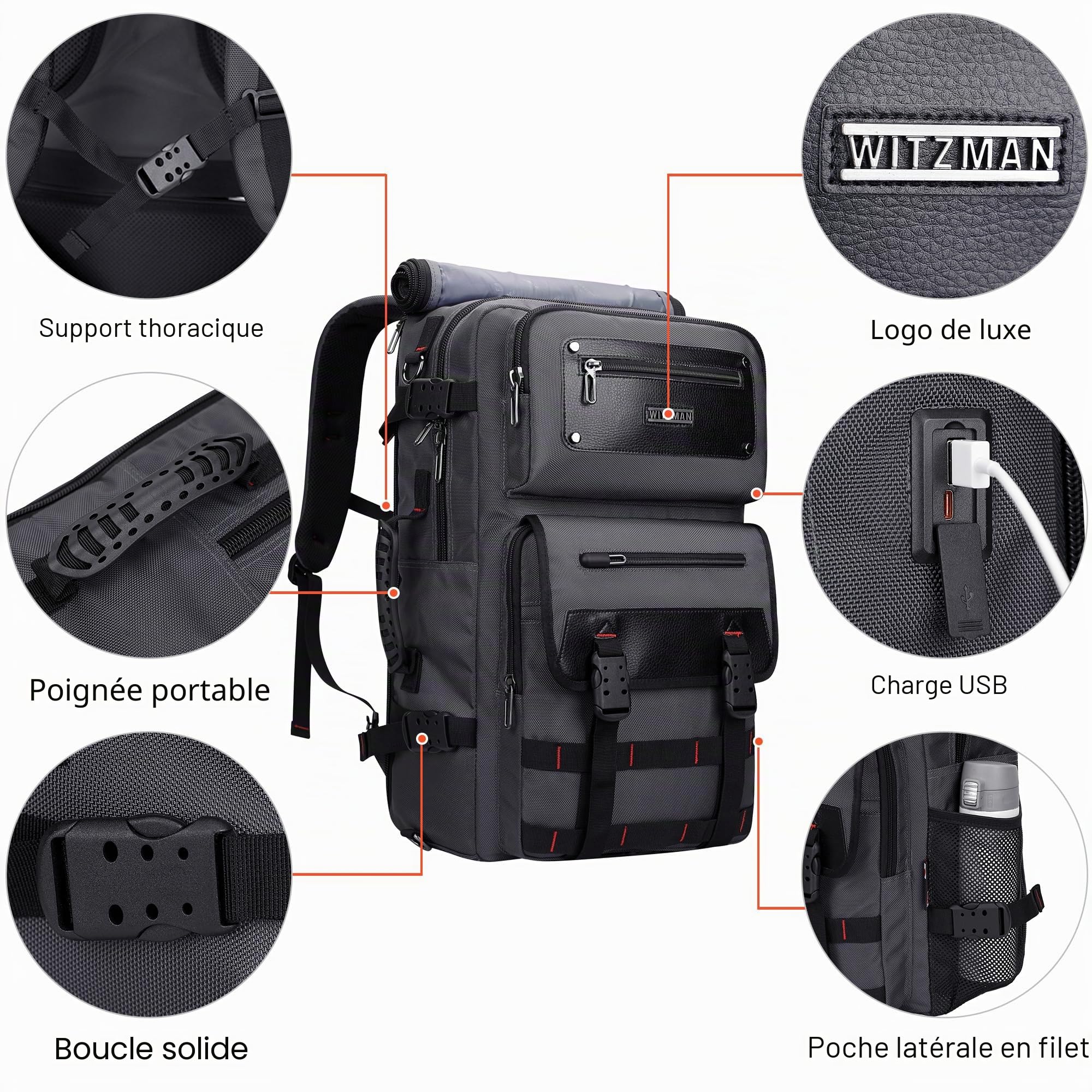 WITZMAN Sac à Dos Voyage Homme Convertible 17 Pouces avec USB