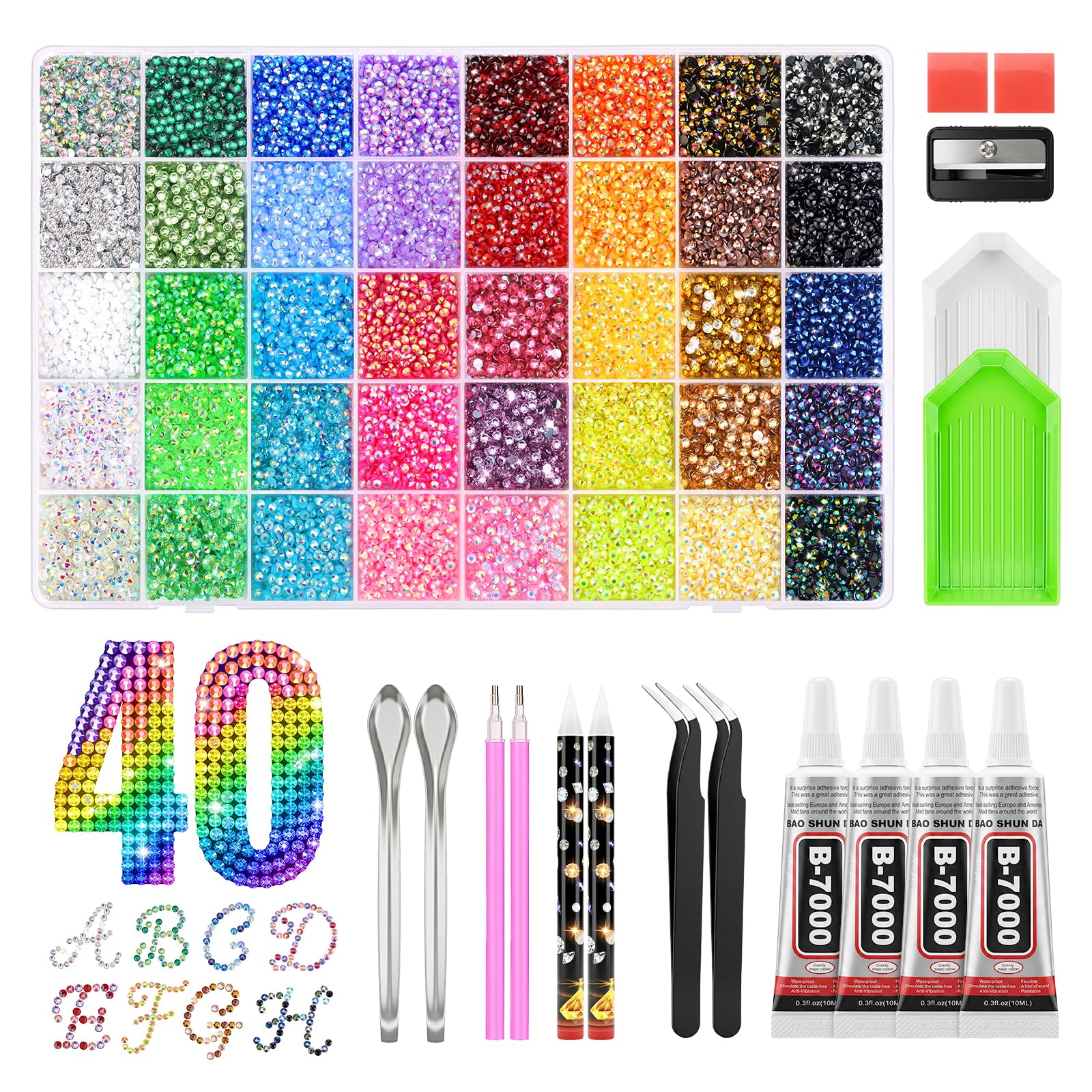 Bedazzling Kit 50000 Pcs 40 Colors, Rhinestones for Bedazzling Gems, 3mm Bedazzle Resin Rhinestone Set, Badazzle Kit with 4 B7000 Jewelry Glue, Tools for DIY Nail Art, Crafts Gifts, Clothes, Tumblers