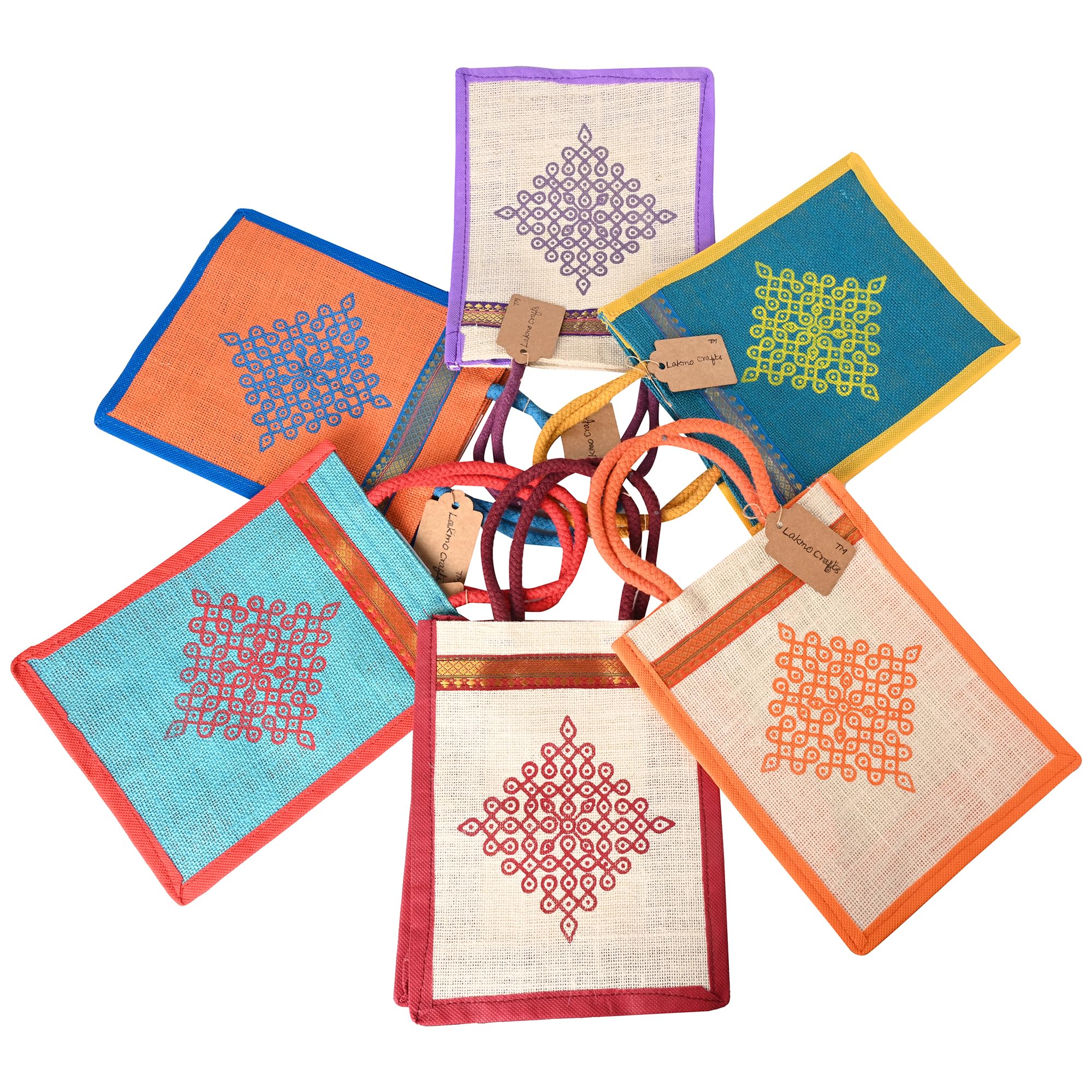 Lakmo Crafts Jute Bags With Kolam Print|Return Gift Bags|Multicolor (8X10X4 Inches) (Pack of 5) (B0BHCJLDN5) Amazon Price History, Amazon Price Tracker