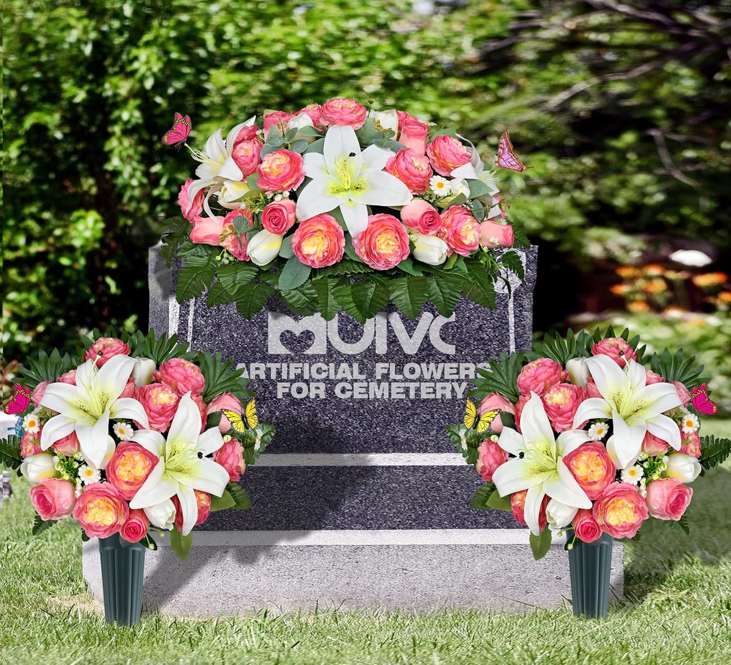 MUVIC Artificial Cemetery Flowers Saddle- Memorial Flowers - Outdoor Grave Decorations,Sympathy Flower - Headstone Flower Saddle with Silk Pink Roses Lily Peony - Image 6