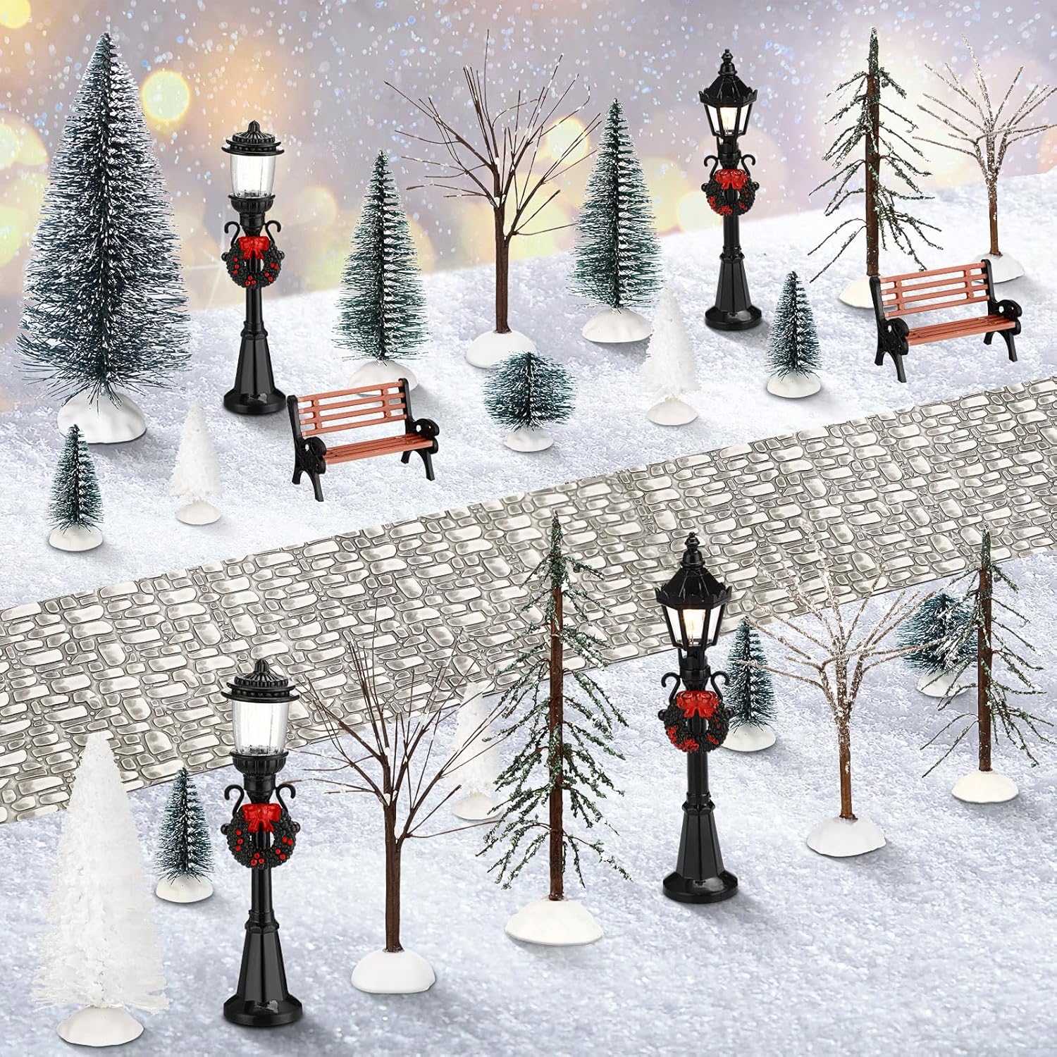 Hotop 28 Pcs Mini Artificial Christmas Village Tree Set Snow Christmas Pine Bare Branch Trees Xmas Street Lamp Post Miniature Park Bench Seat Cobblestone Street for Decoration(Vivid)