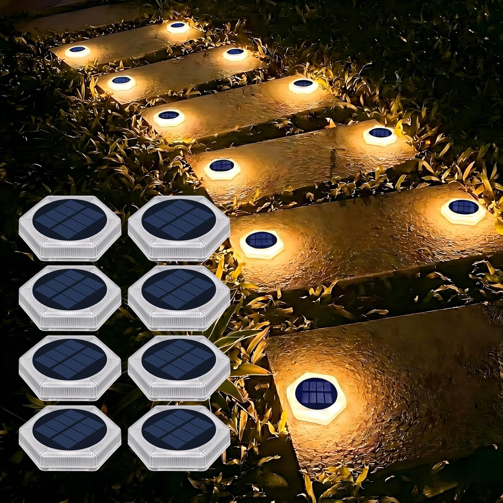 Solarlampen für Außen Garten zum Hinlegen, Warmweiß 20 LEDs 10cm Solar Treppenbeleuchtung Aussen Aufkleber Liegend, IP68 Wetterfest Befahrbare Bodenleuchten für Einfahrt Stufe Gehweg Rasen (8 Stück)