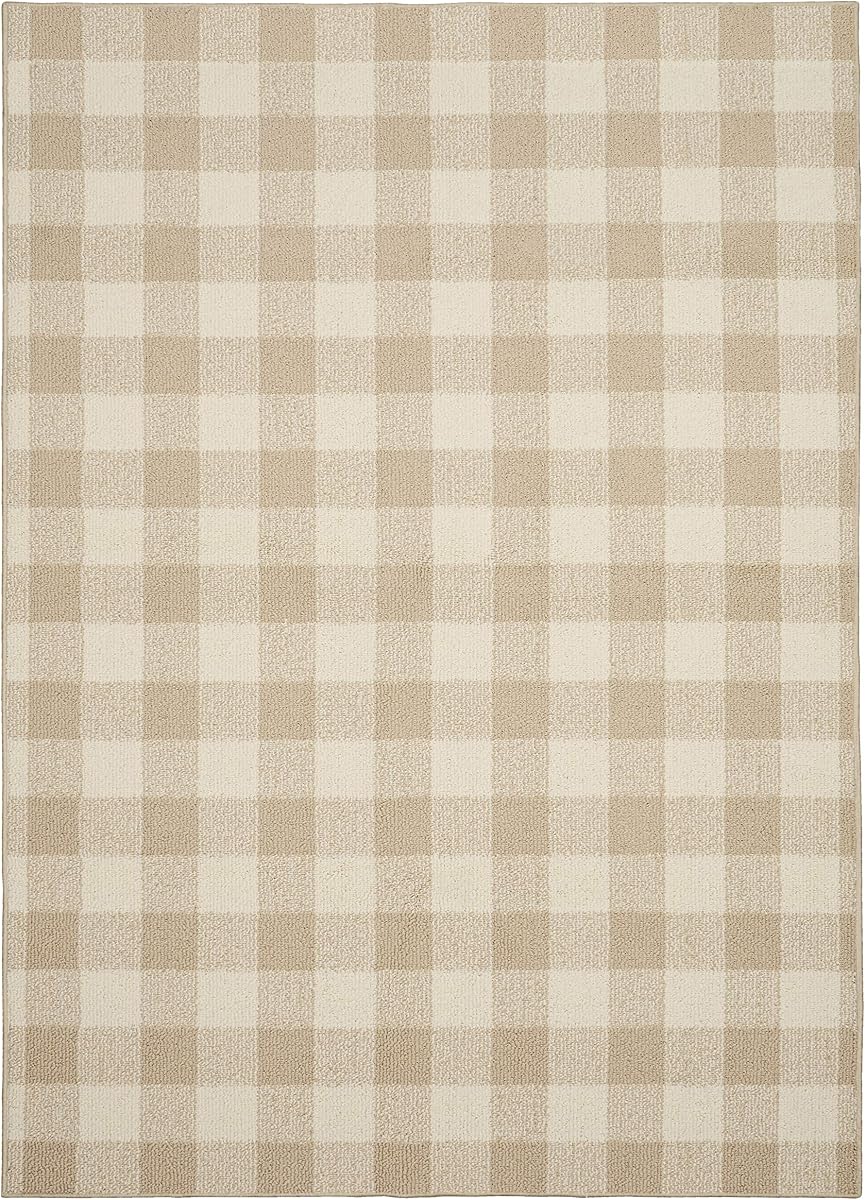 Garland Rug Country Living – Checkered Buffalo Plaid Design, Non-Slip Rubberback, Traditional 5x7 Area Rug for Living Room, Bedroom, Kitchen, Dining Room,Nursery,Tan/Ivory