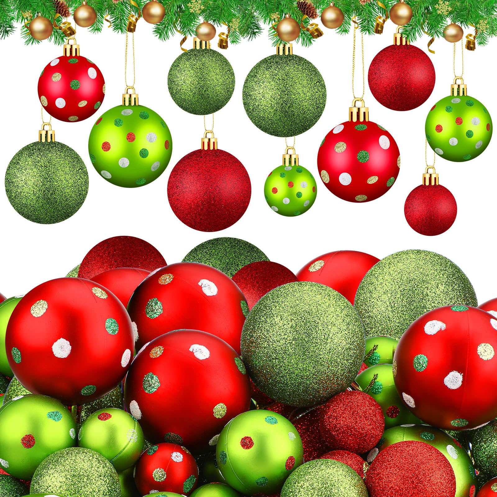 Daifunli 68 Pcs Christmas Tree Ball Ornaments 2.4 1.6 1.2 Red Green Glittering Hanging Xmas Ball Lime Green Elf Christmas Ball Decoration Shatterproof Dot Ball Decor for Winter Tree Party Event Decor
