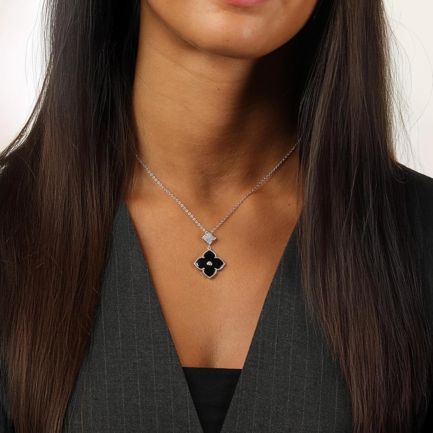 Lavari Jewelers Black Onyx or Mother of Pearl and Cubic Zirconia Double Flower Pendant Necklace in 925 Sterling Silver with Gold Plating 16 to 18 Inches Adjustable Chain Spring Ring - Image 2