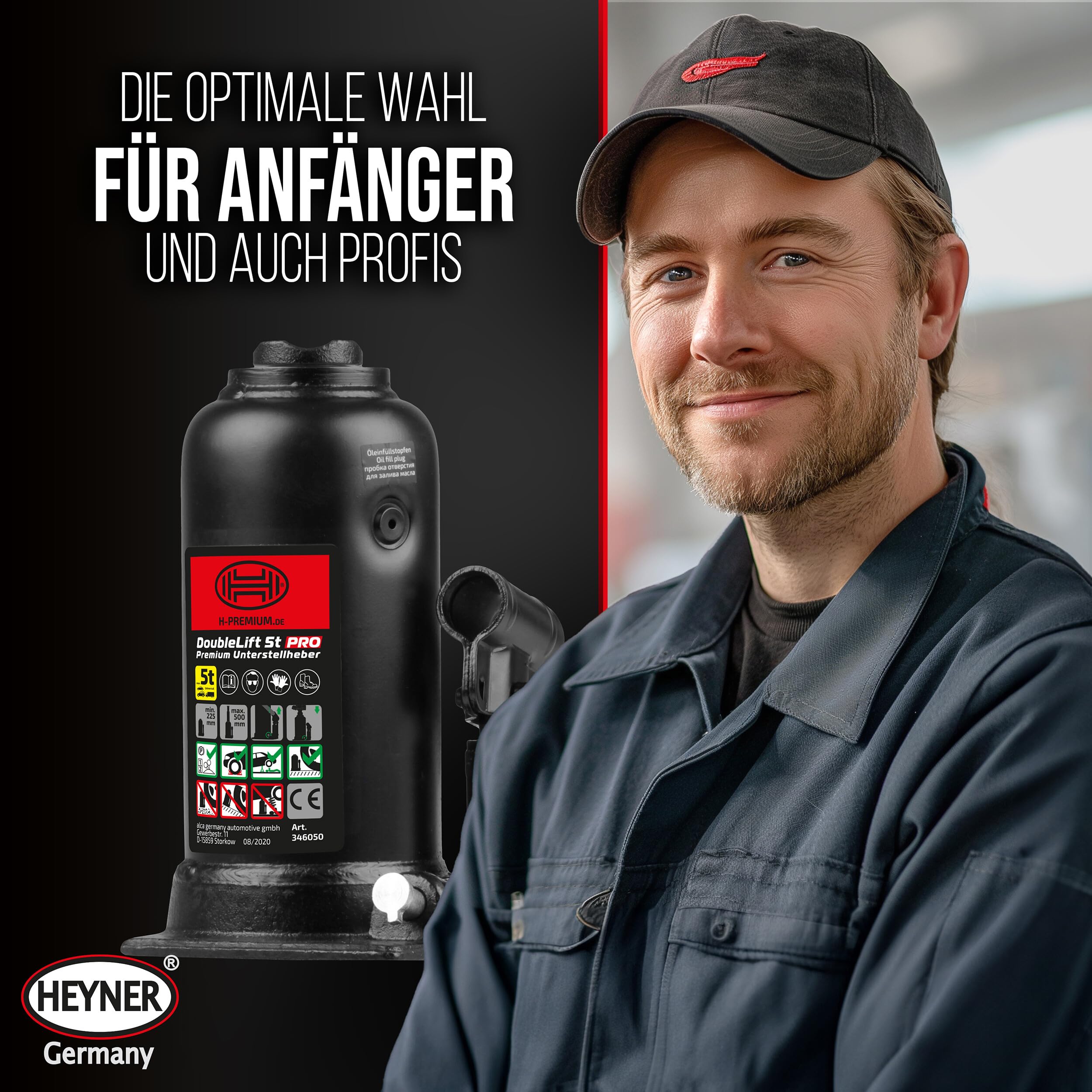 HEYNER® Hydraulischer Unterstellheber 2-stufig I DoubleLift 5t PRO I Stempelwagenheber aus Stahl I Hubhöhe 225–500 mm I Autoheber für SUV Transporter Wohnmobil I inkl. Tasche & Gummigriff