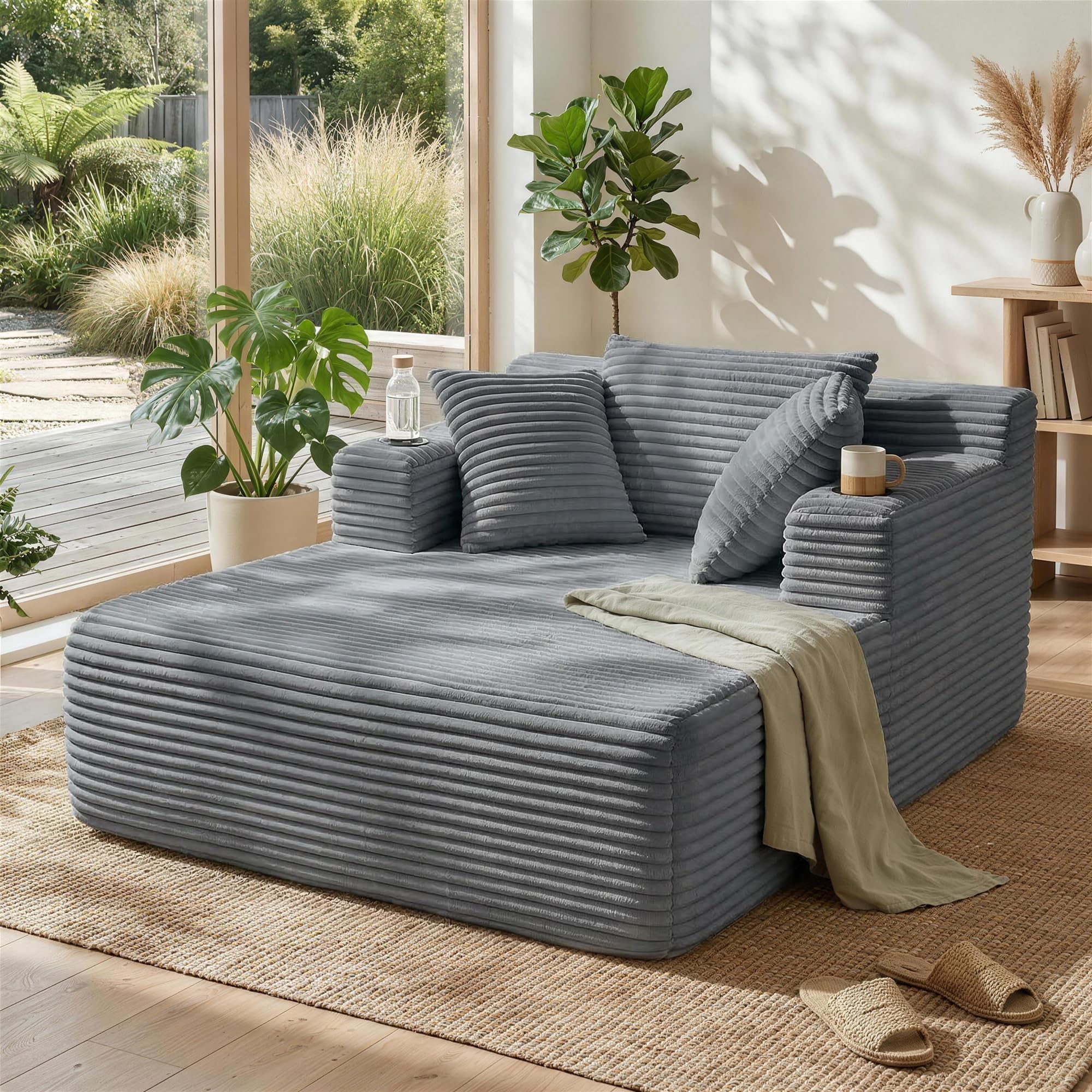 YINIX Chaiselongue Sofa aus Cord, XXL Einzelsessel mit Schlaffunktion, Loungesessel inkl. 3 Kissen & Getränkehalter, Hochdichter Schaumstoff Bodensofa, Kratzfest & Stabil, 165x122x71cm