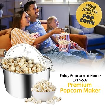 Great Northern Popcorn Stovetop Popcorn Maker, Silver, 6-Quart | Aluminum Stove Popcorn Popper with Hand Crank, Vented Lid, and Stir Paddle for Movie Night Supplies and Game Night Snacks