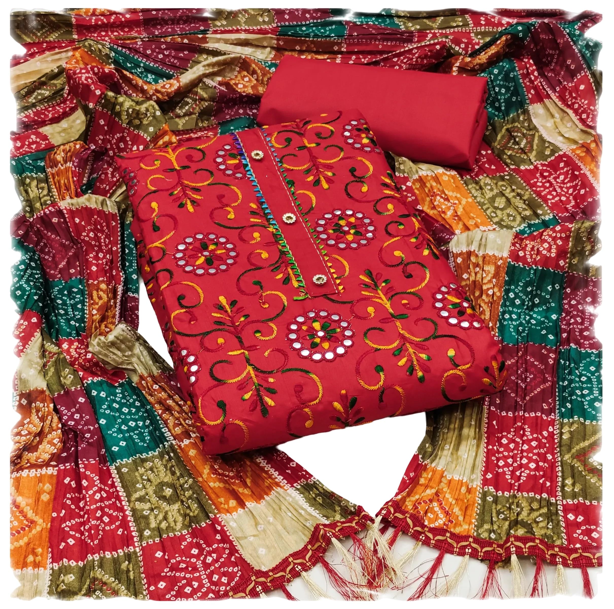 stylescope Women's Cotton Blend Embroidery Work Unstitched Salwar Suit Dress Material With Bandhej/Bandhani Print Dupatta (Free Size)-picture-29