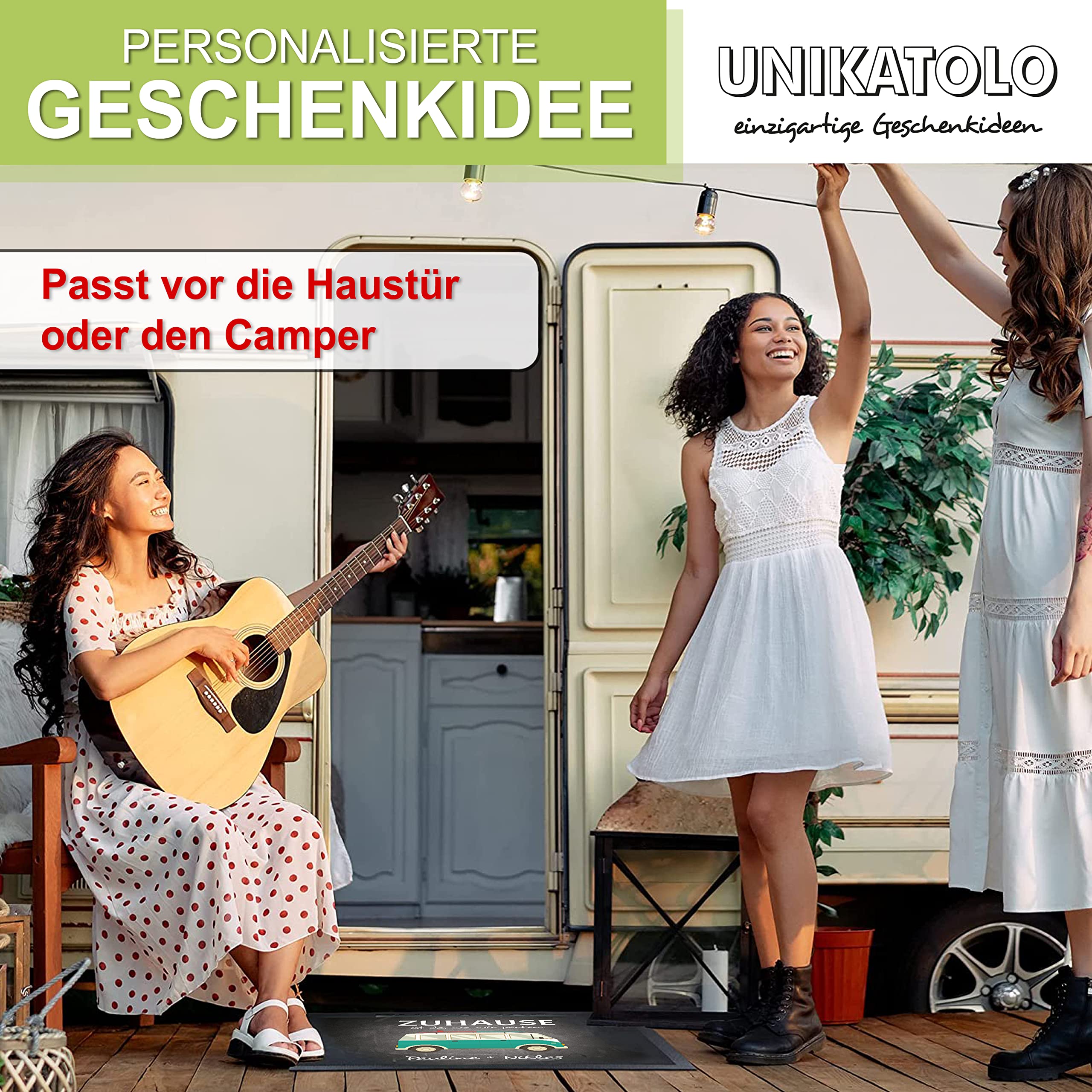 Fußmatte mit Name Camper Van Camping Abenteuer Outdoor individuell Bedruckt Hochzeitsgeschenk Paare Geldgeschenk Reisegutschein (65 x 100 cm)