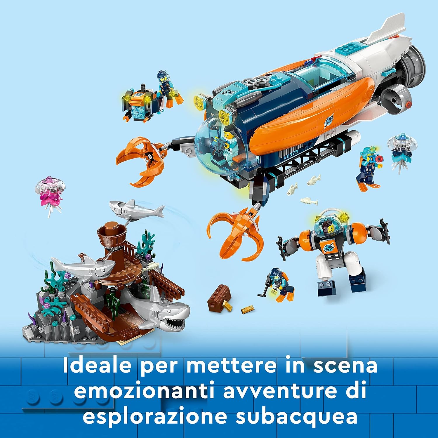 Lego City Deep-Sea Explorer Submarine 60379 Building Toy Set, Ocean Submarine Playset with Shipwreck Setting, 6 Minifigures and 3 Shark Figures for Imaginative Play, A Gift Idea for Ages 7+