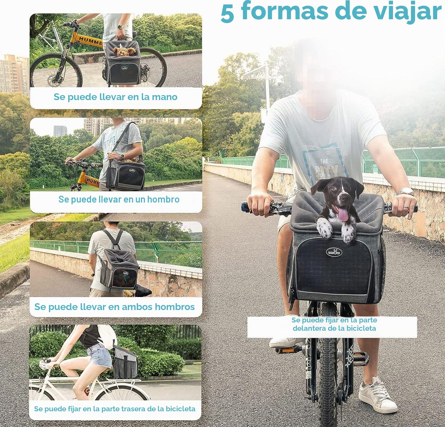 Wakytu Cesta de Bicicleta para Perro, Mochila Frontal para Bicicleta para Montar en Bicicleta, Plegable, extraíble, Tiras Reflectantes, 2 Bolsillos Laterales de Almacenamiento, Bolsa de Viaje para
