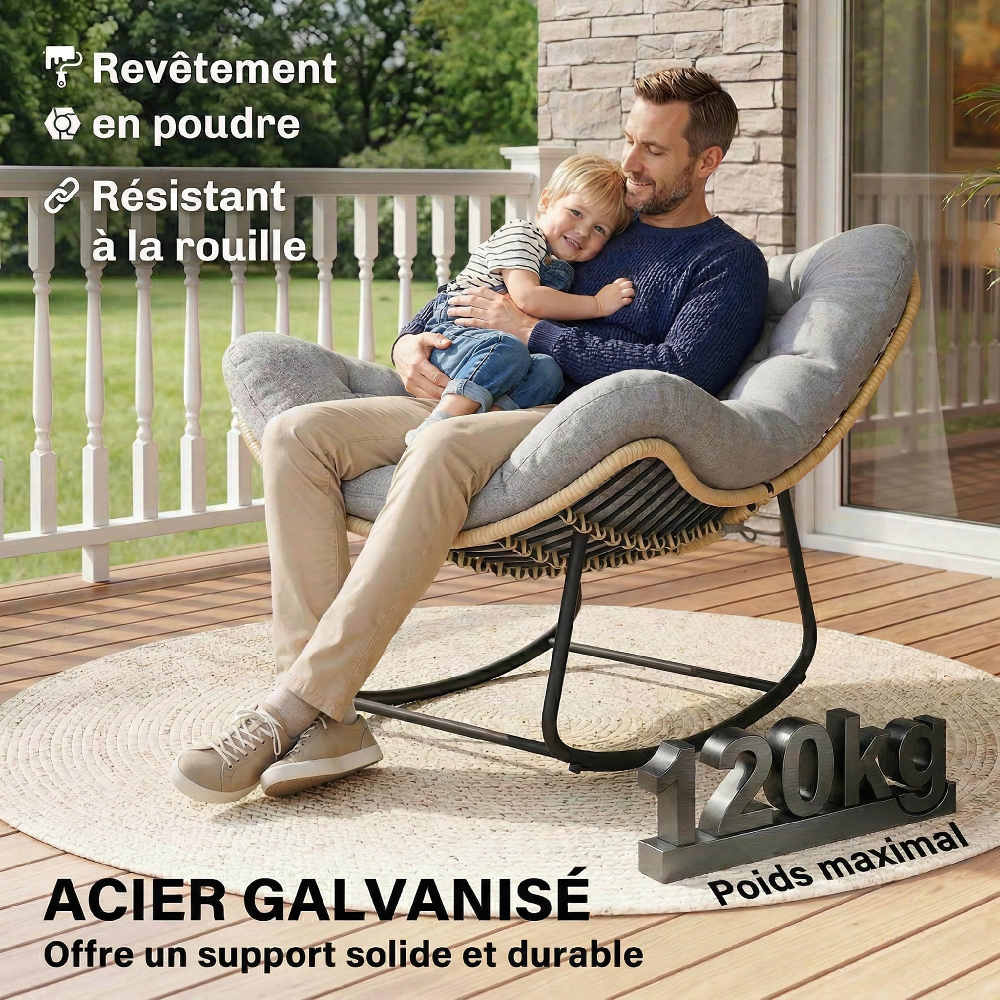 Outsunny Fauteuil à Bascule de Jardin pour Intérieur et Extérieur, Rocking Chair en Résine Tressée avec Coussin Moelleux, Fauteuil Œuf pour Terrasse, Balcon, Chambre, 110 x 87 x 70 cm, Gris