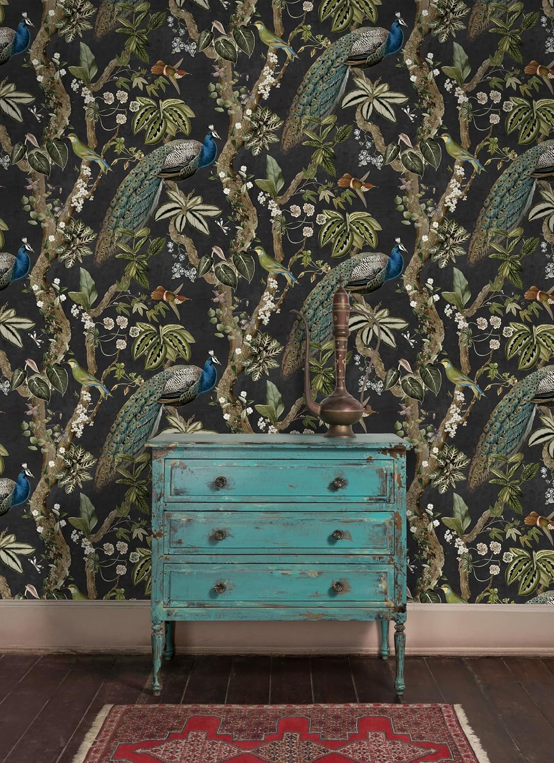 Holden Cassia Peacock Charcoal Non-Pasted Non-Woven Wallpaper – Dramatic Floral & Peacock Wallcovering, 56 Sq Ft Coverage – Paste-the-Wall