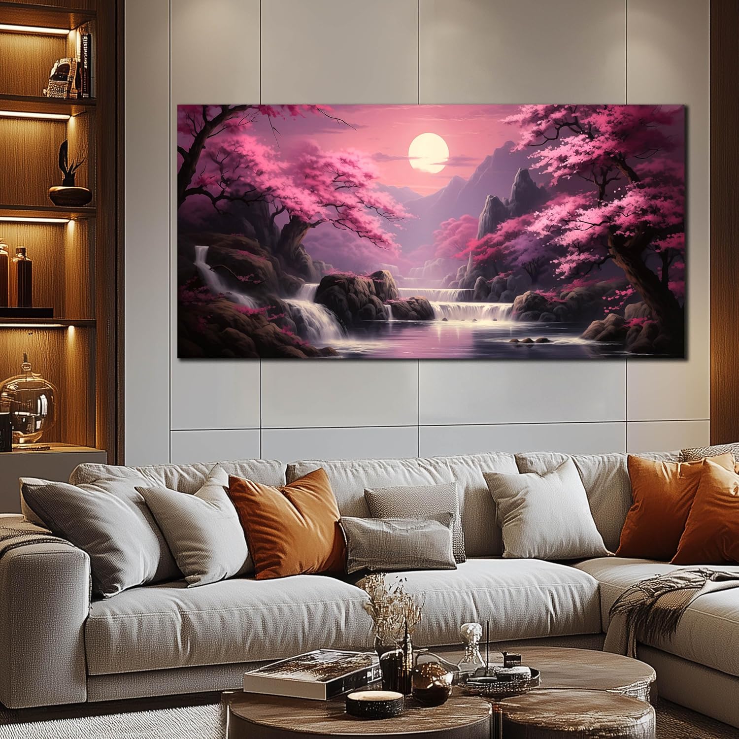 Landscape Wall Art for Living Room Bedroom Office Pink Wall Art Moon Lake Mountain Pictures Modern Artwork Framed Wall Decor Canvas Prints 29x59 In