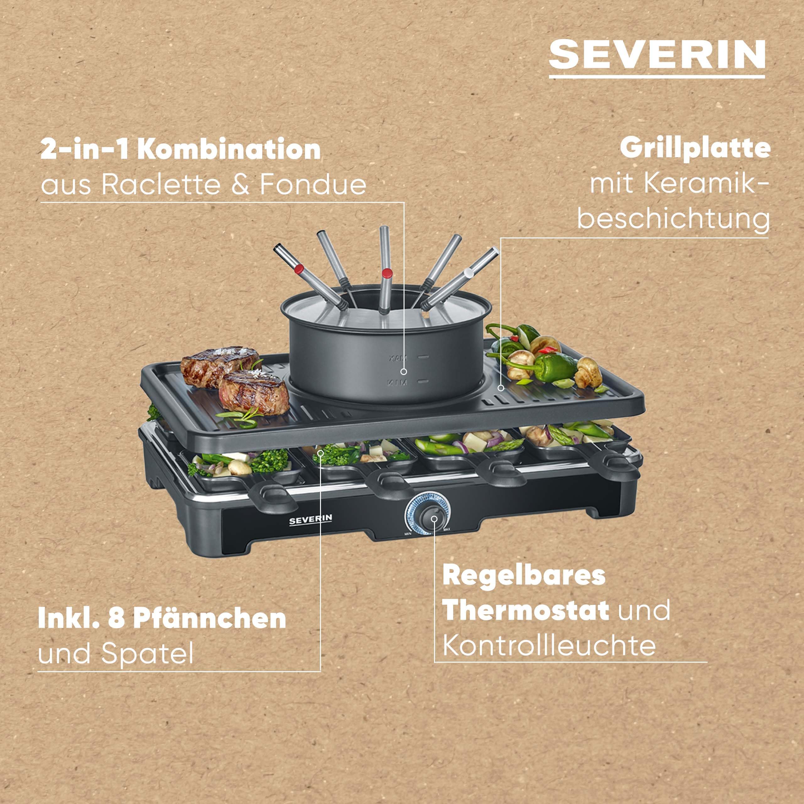 SEVERIN Raclette-Fondue-Kombination für 8 Personen, 2-in-1 Raclette Grill mit Grillplatte & Fondue-Set, Antihaftbeschichtung, inkl. 8 Pfännchen, Schabern & Fondue-Gabeln, spülmaschinengeeignet, RG2347
