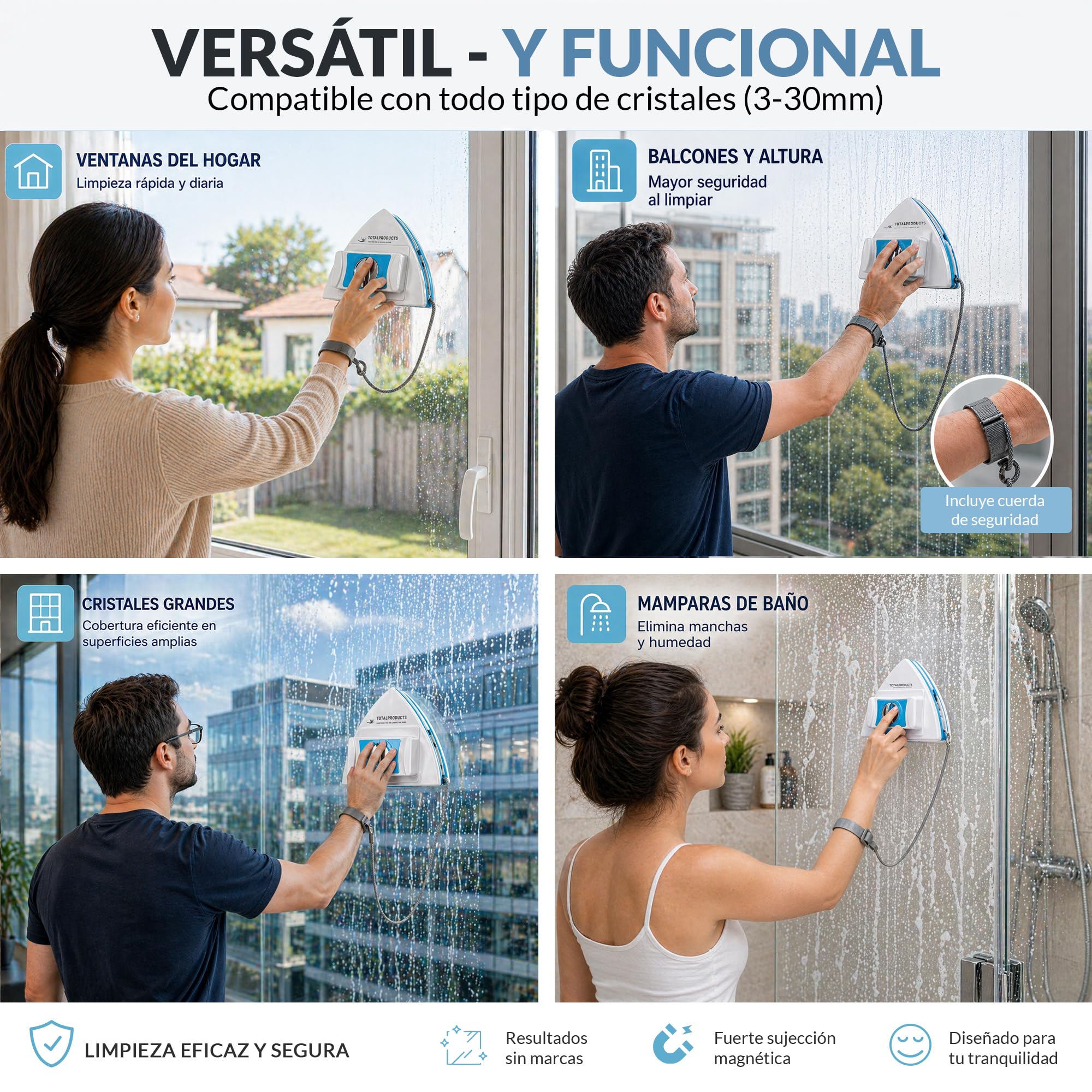Limpia Cristales magnetico de 3 a 30mm, Limpia Ventanas climalit, limpiacristales Ajustable con iman, Pack de limpiaventanas + bayeta de Microfibra, para Uso Profesional y Personal.
