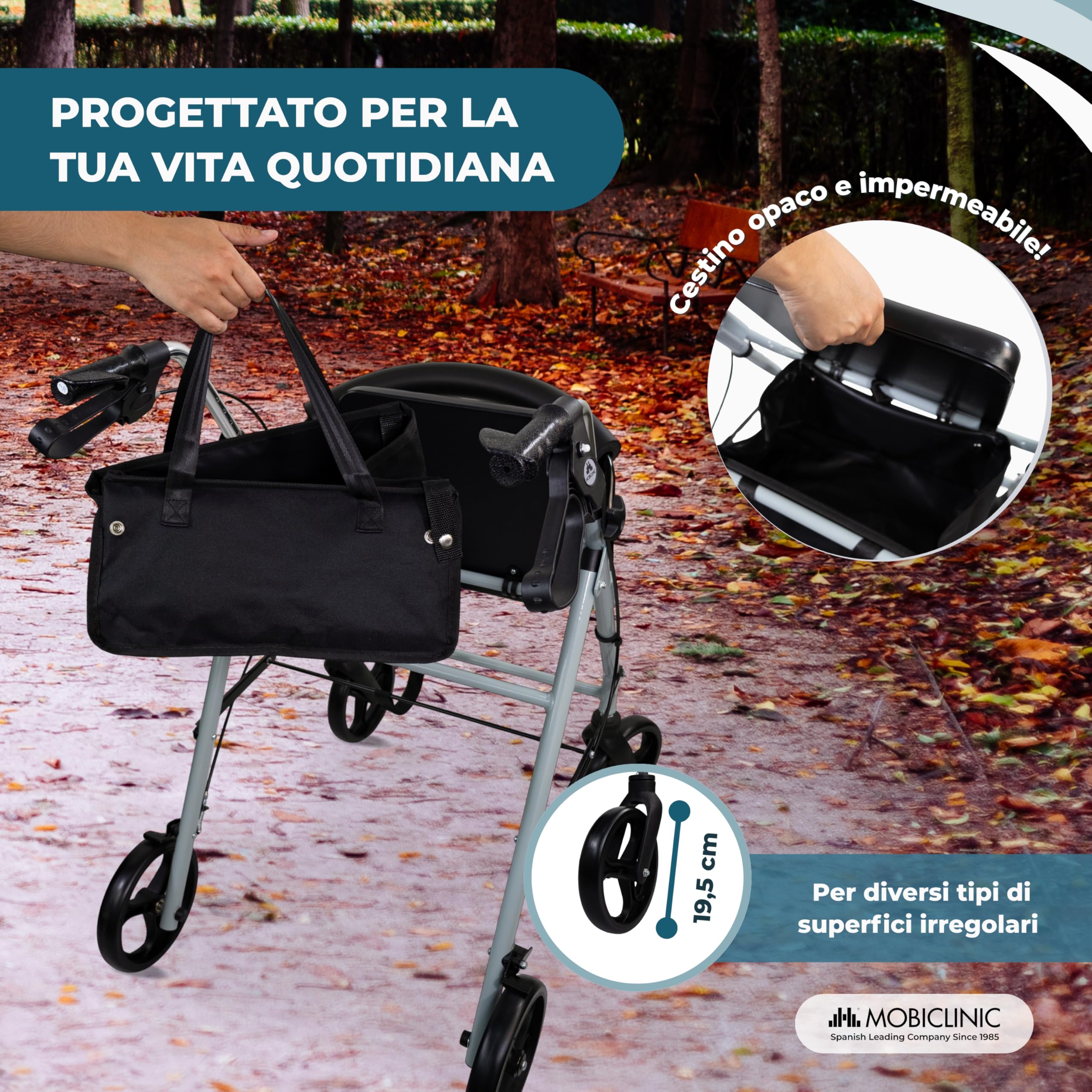 Mobiclinic®, Deambulatore per anziani, Ruote grandi la strada, Pieghevole, Con cestino in tessuto e sedile, Fabbricato alluminio, Resistente, Marchio europeo, Modello sofía, Colore grigio