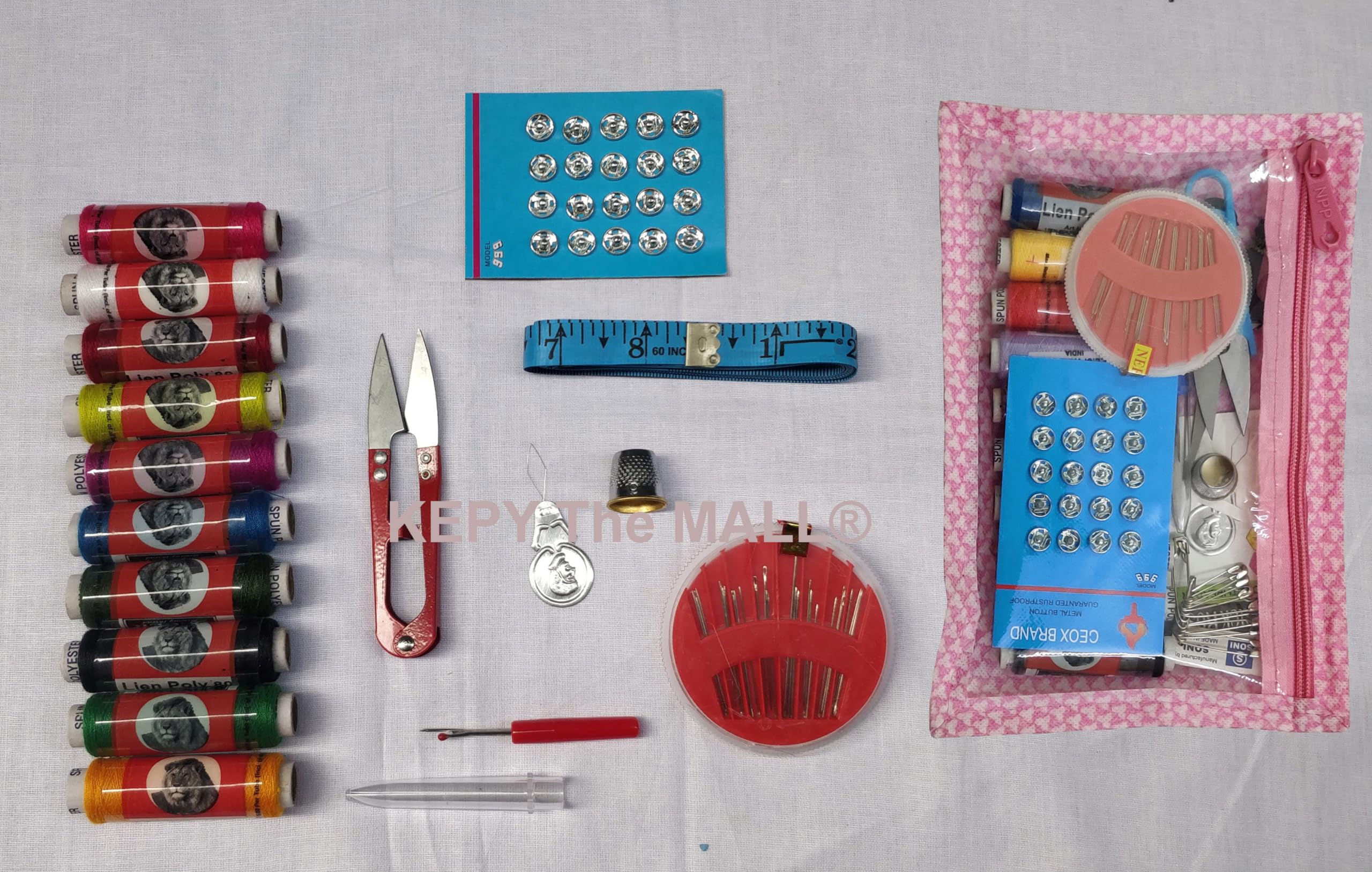 SD Tailoring Sewing Kit No.1 with 60 Total Pcs in Zipper Pouch with 10 Selected Colour Reels Opener Threader Thimble Measuring Tape 24 Needle Cutter 20 Press Button for Home & Travel Use