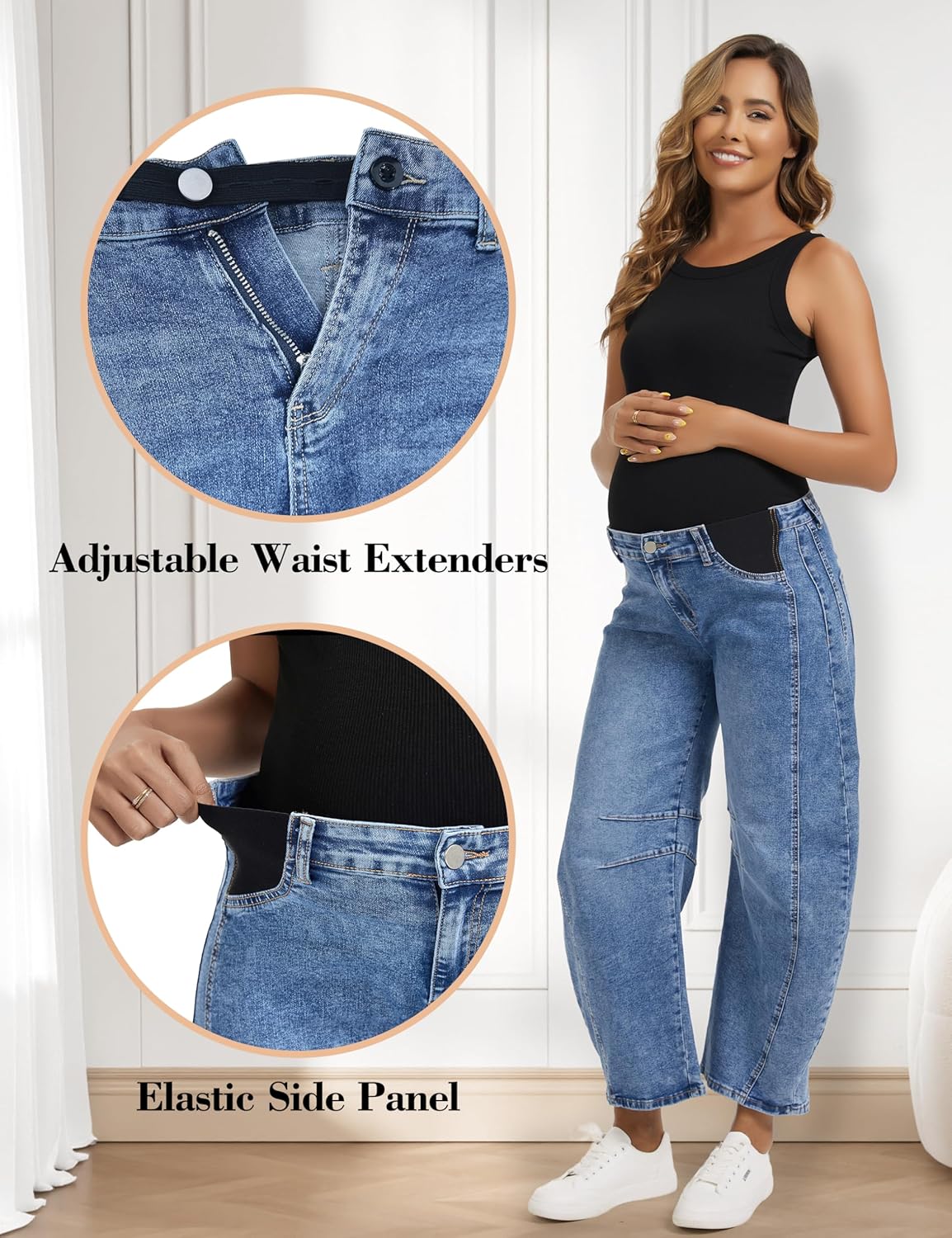OVRUNS Women’s Maternity Baggy Jeans Stretch Barrel Jeans Side Panel Loose Pregnancy Denim Pants with Pockets