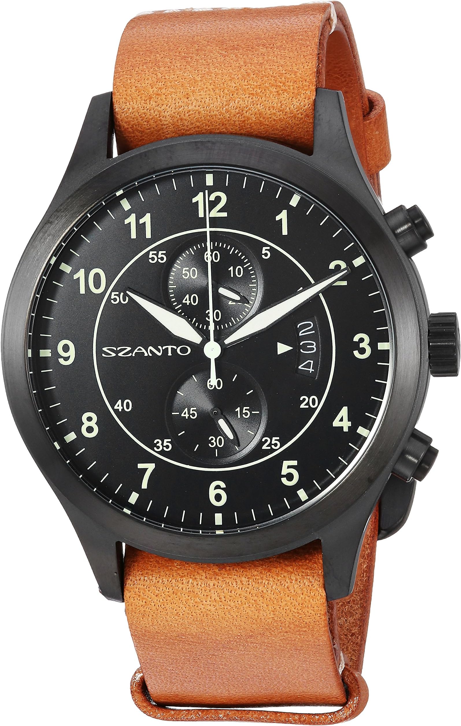 Szanto Men's 'Military Field' Quartz Stainless Steel and Leather Casual Watch, Color:Brown (Model: SZ1212)