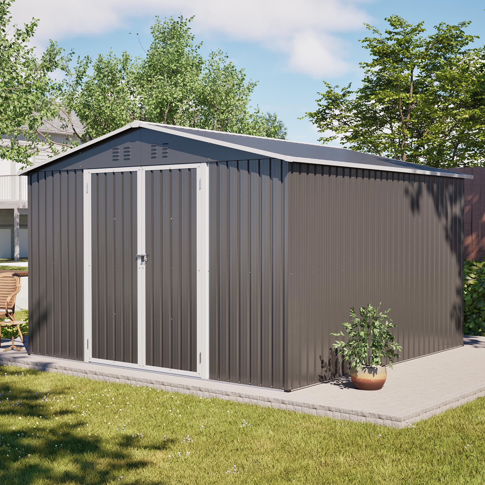 Metall Gerätehaus 300x300 cm Anthrazit, abschließbarer Gartenschuppen mit Bodenrahmen, wetterfester Stahl Geräteschuppen, Fahrradgarage