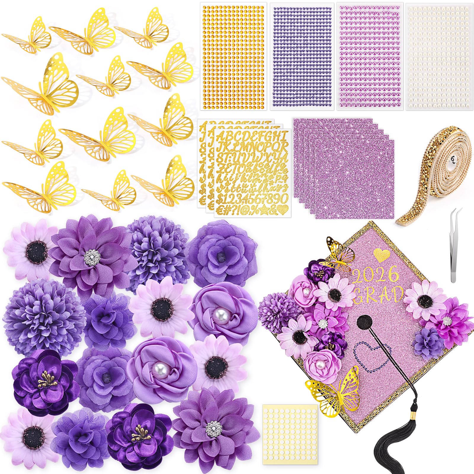 Wavwavw 43 PCS DIY Graduation Cap Decorations Kit, Grad Cap Decorations Included Faux Flowers 3D Butterfly Self Adhesive Rhinestones Stickers Alphabet