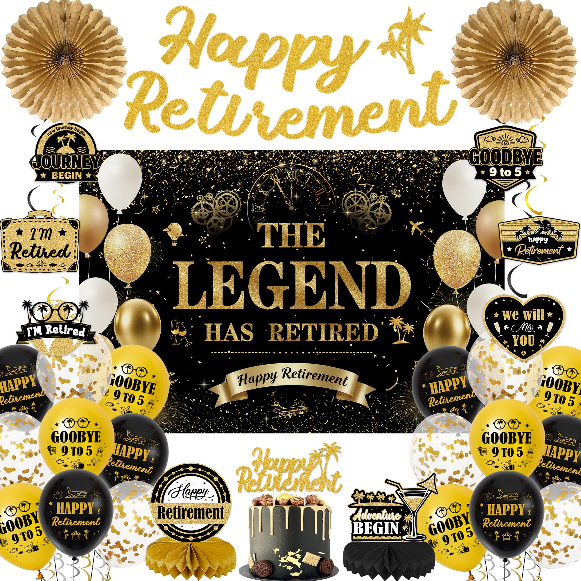 Happy Retirement Decorations Banners Kit - The Legend Has Retired Backdrop Set with Balloons Cake Topper, Black Gold Retirement Hanging Paper Fan and Honeycomb Party Supplies for Office Farewell
