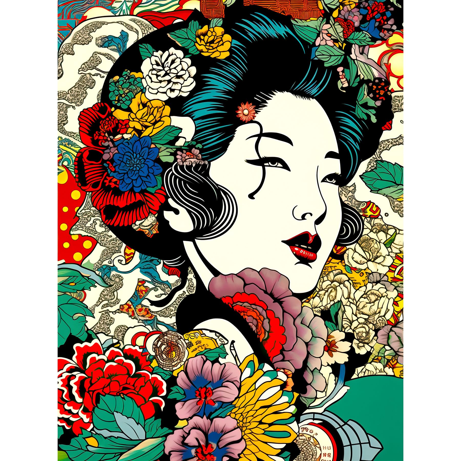 Artery8 Modern Geisha Portrait Flower Patterns Bright Floral Japan Japanese Sage Green Large Wall Art Poster Print Thick Paper 18X24 Inch