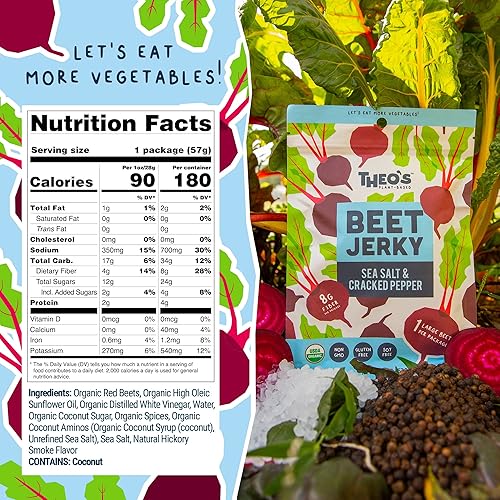 Miniatura 5 de THEO's BEET - Paquetes de bocadillos de carne seca  Sal marina y pimienta agrietada  Orgánico, sin OMG, sin gluten y a base de plantas  Vegano,