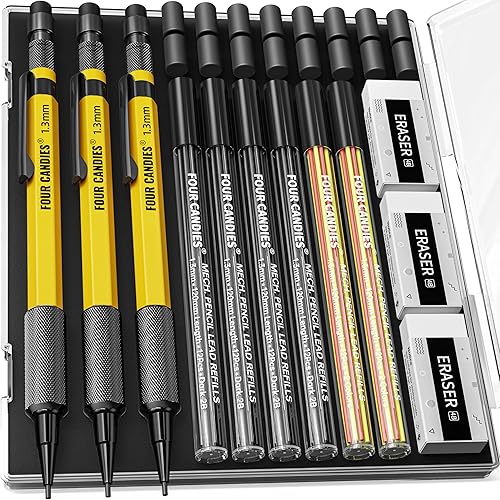 Four Candies Juego de 3 lápices mecánicos de 0.051 in con estuche, lápices de carpintero de metal resistente con 48 repuestos (rojo, negro, Four Candies Juego de 3 lápices mecánicos de 0.051 in con estuche, lápices de carpintero de metal resistente con 48 repuestos (rojo, negro,