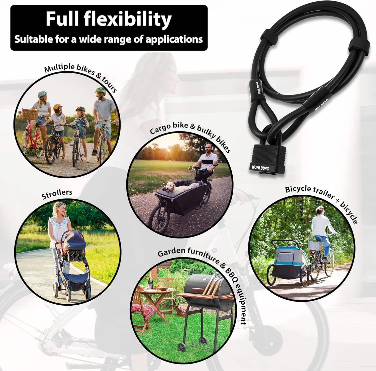 KOHLBURG Bike Cable Lock 6.5ft Long – Key Lock [Easy-Click Closure, 3 Keys] & 6.5 Feet Loop Cable for Bikes & Garden Furniture, 78" Security Steel Cable for Bicycles, Scooter, Bike Trailers & Stroller