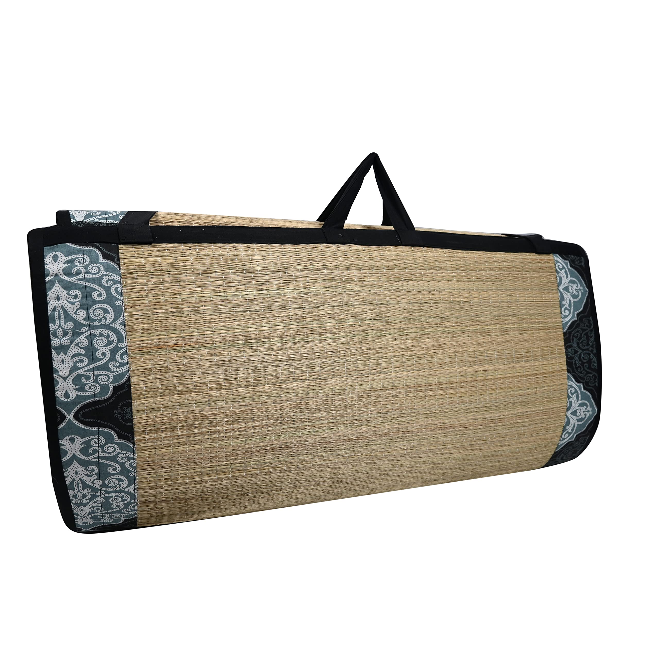 KALA DARSHAN CRAFTS BAZAAR Foldable korai Grass Mat 6X6 ft with 15MM Soft Foam Fabric Black Rajwada Cotton