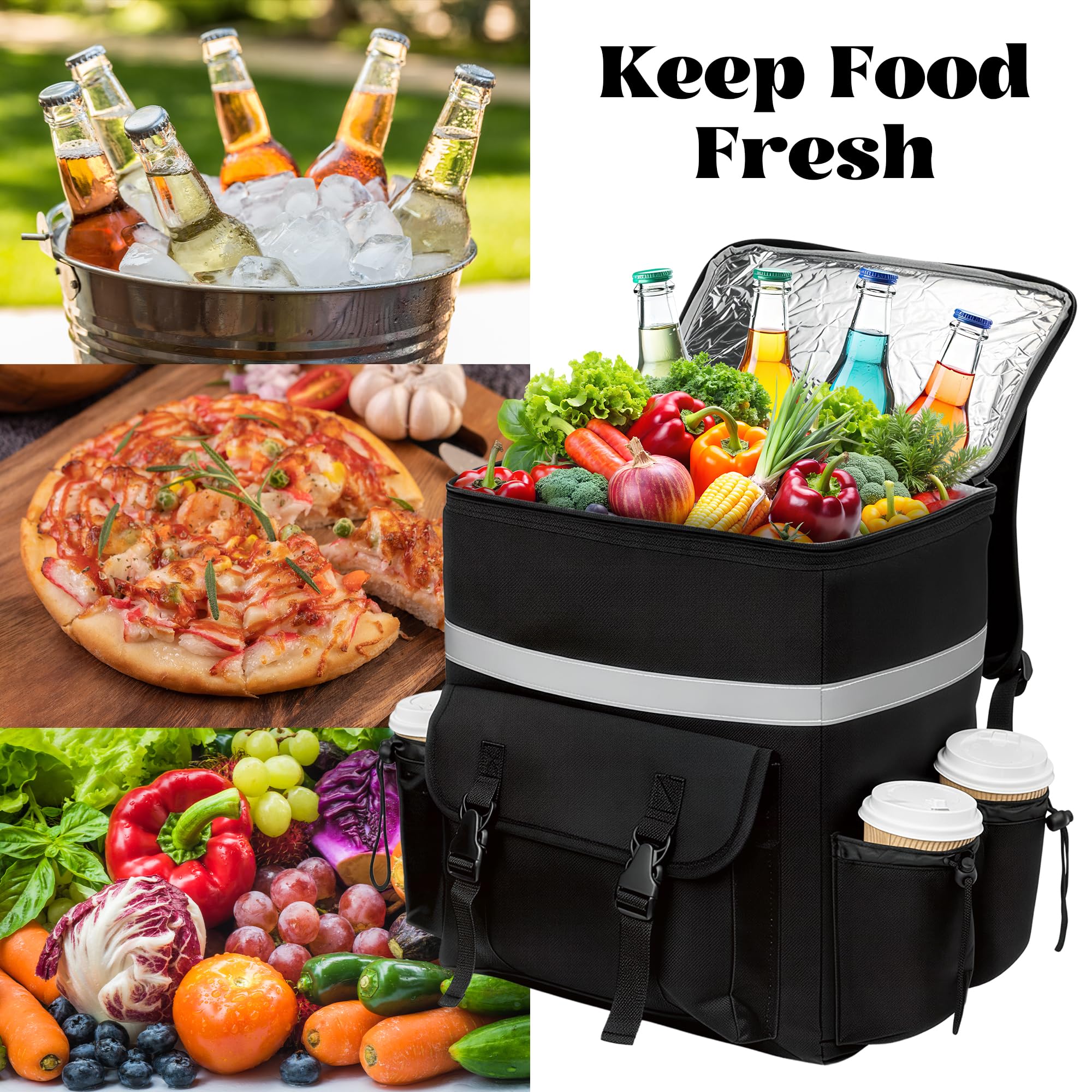 Bolsa térmica grande de 35 L con aislamiento térmico para hombres y mujeres, bolsa térmica de entrega de alimentos, plegable, con asas resistentes y cremallera, para camping, barbacoa, compras