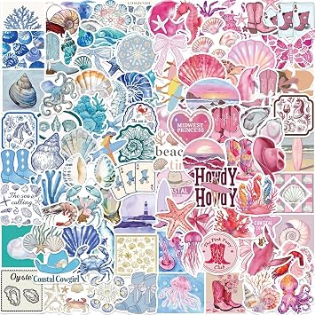 Coastal Girl Stickers,100PCS Pink & Blue Coastal Girl Stickers, Waterproof Vinyl Sea Life Decals, Ocean Beach Aesthetic Sticker for Laptop Water Bottle Journal, Cute Marine Animal & Shell Designs