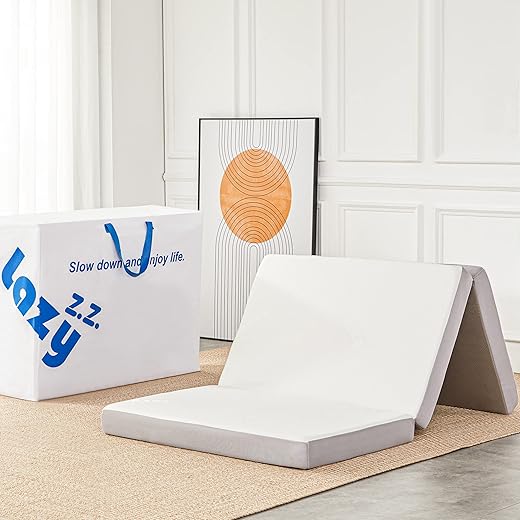 Lazyzizi Folding Mattress, 4 Inch Memory Foam Tri-fold Mattress with Breathable & Washable Bamboo Fiber Fabric Cover, Foldable Floor Mattress Guest Bed for Camping, Road Trip, Twin