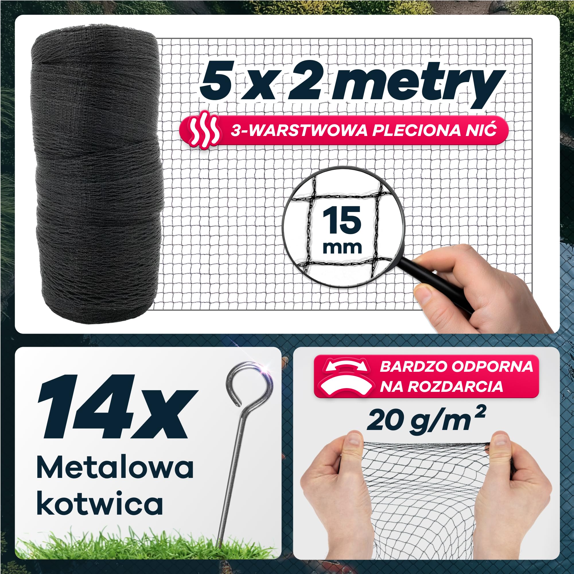 GEROBUG Siatka na staw o drobnych oczkach, 5 x 2 m, odporna na warunki atmosferyczne i promieniowanie UV, siatka chroniąca przed ptakami, siatka przeciw ptakom, siatka chroniąca przed liśćmi