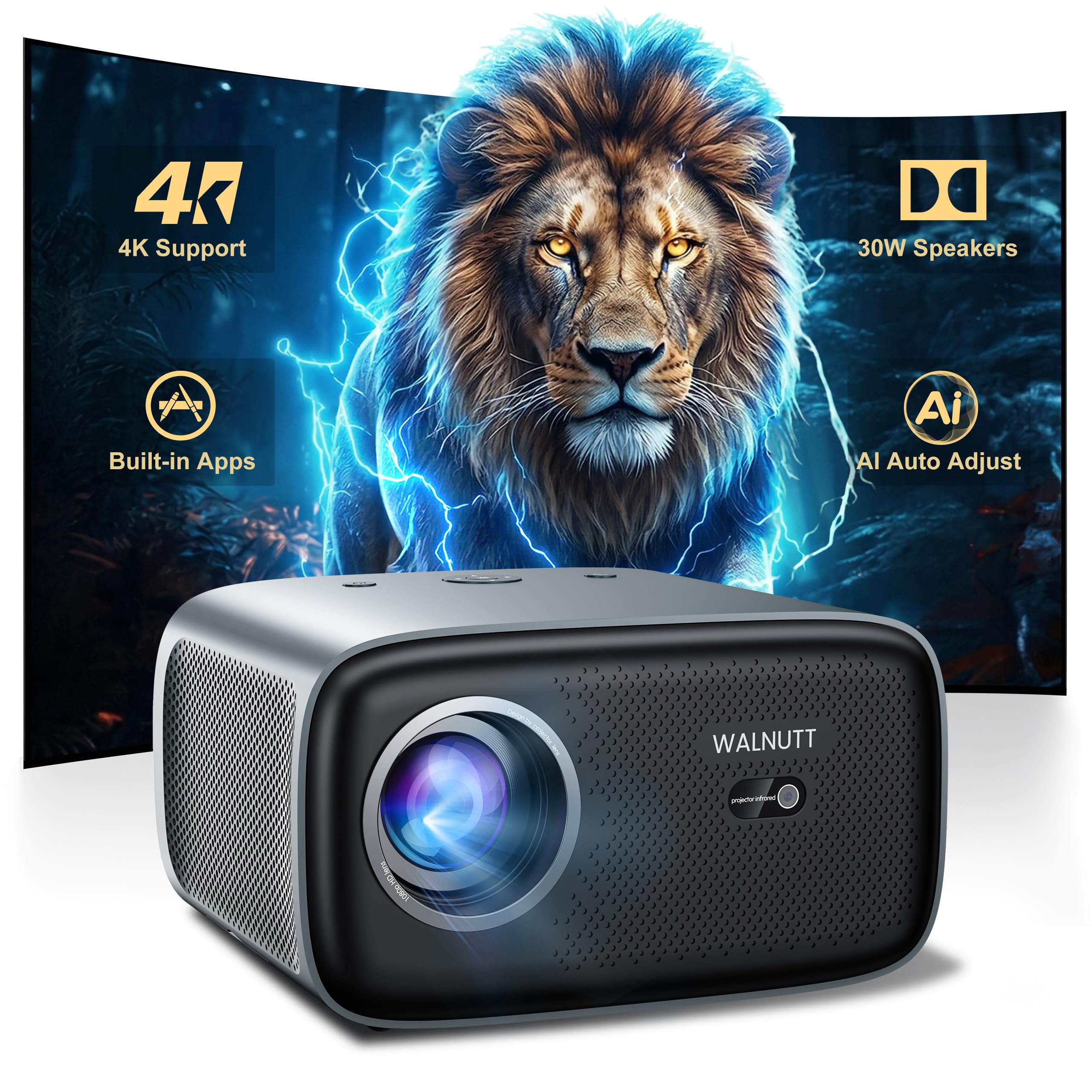 Walnutt 2000 ANSI Outdoor Movie Projector, Official Apps, 4K Home Theater