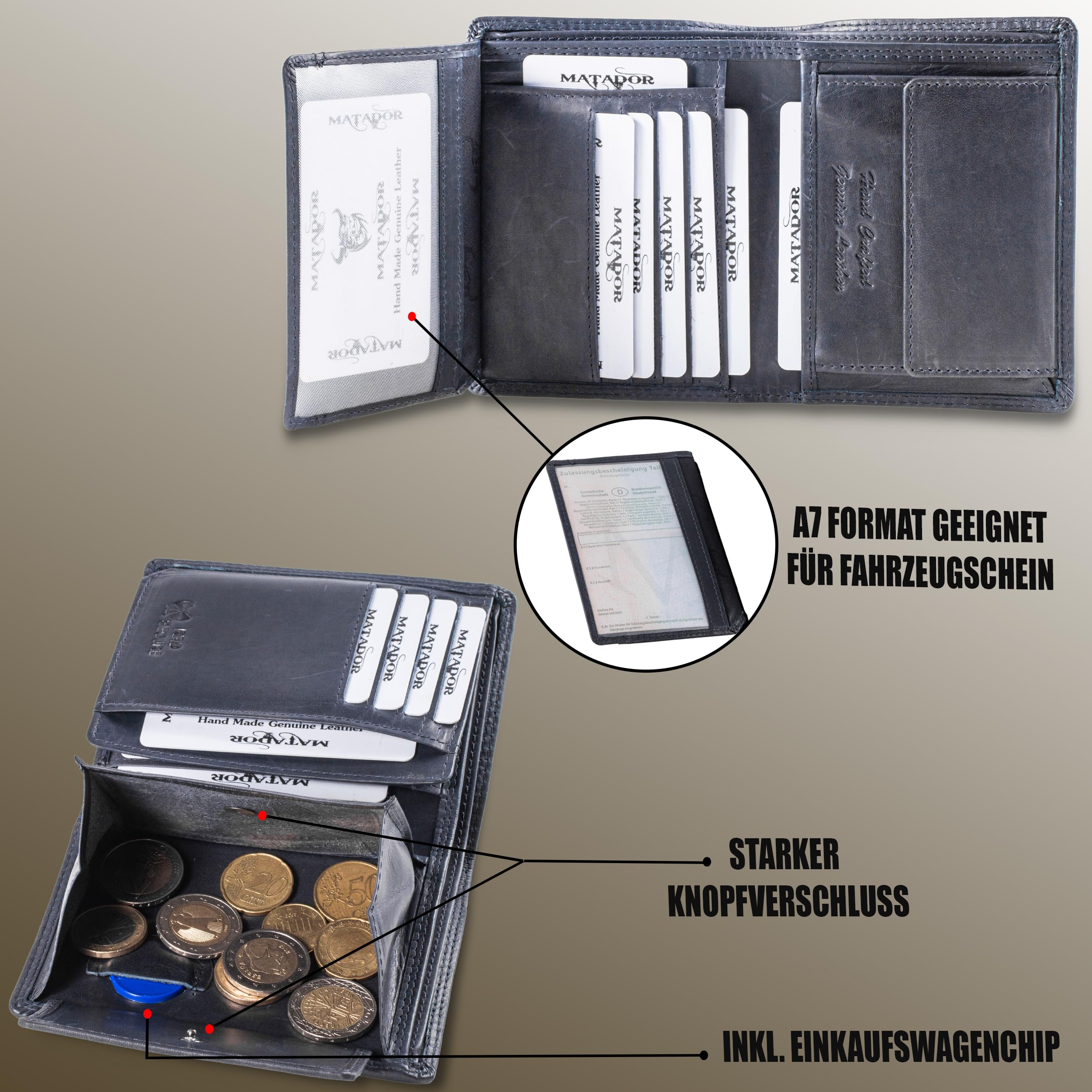 Matador Marca Portafoglio Uomo in Pelle #VIGO con Elegante Scatola Regalo, Lusso Portafoglio Protezione RFID, Grande Uomo Portafoglio con Molti Scomparti per Carte in Blu Navy