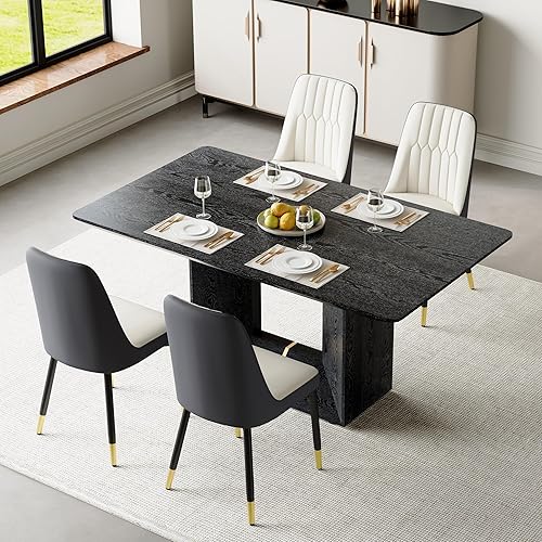 Miniatura 17 de Juego de mesa de comedor de 63'' para 6, juego de mesa de comedor de estilo granja de mediados de siglo para 6, mesa de grano de madera con base en