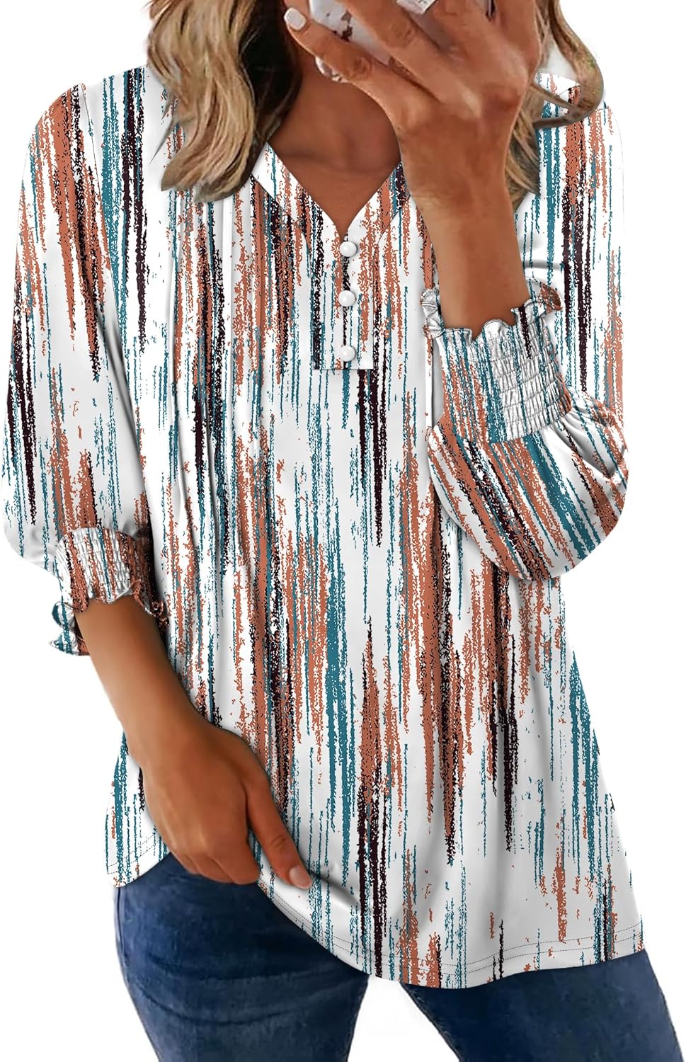 CRAZY GRID 3/4 Length Sleeve Womens Tops V-Neck Lace Tunic Button Down Business Casual Blouses Fall Trendy Outfits 2026 S-XXL - Image 2