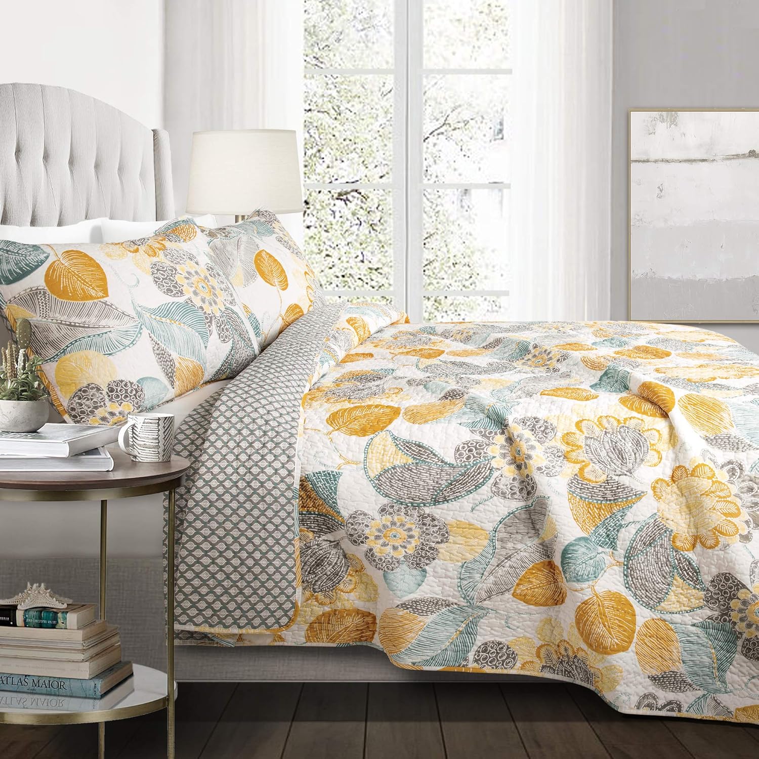 Lush Decor Full Queen Yellow & Gray Layla Quilt Floral Leaf Print 3 Piece Reversible Bedding Set