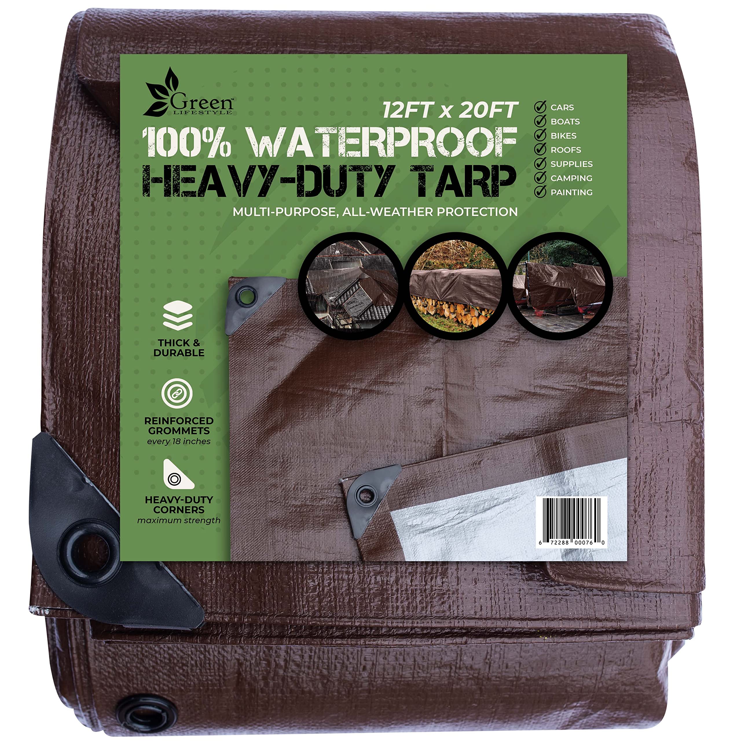 12x20 GREEN LIFESTYLE Tarp Cover Brown/Silver Heavy Duty Thick Material Water Proof Tear Proof UV Resistant Reinforced Edges Boat Tent RV or Pool Cover