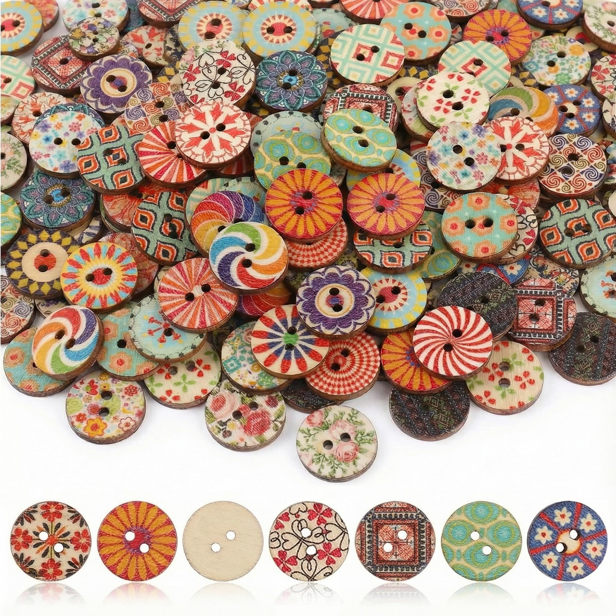 200 Stück Holzknöpfe Retro, Bunt Knöpfe 15 mm Zwei Loch Knopf für Strickjacke Diy Basteln Nähen