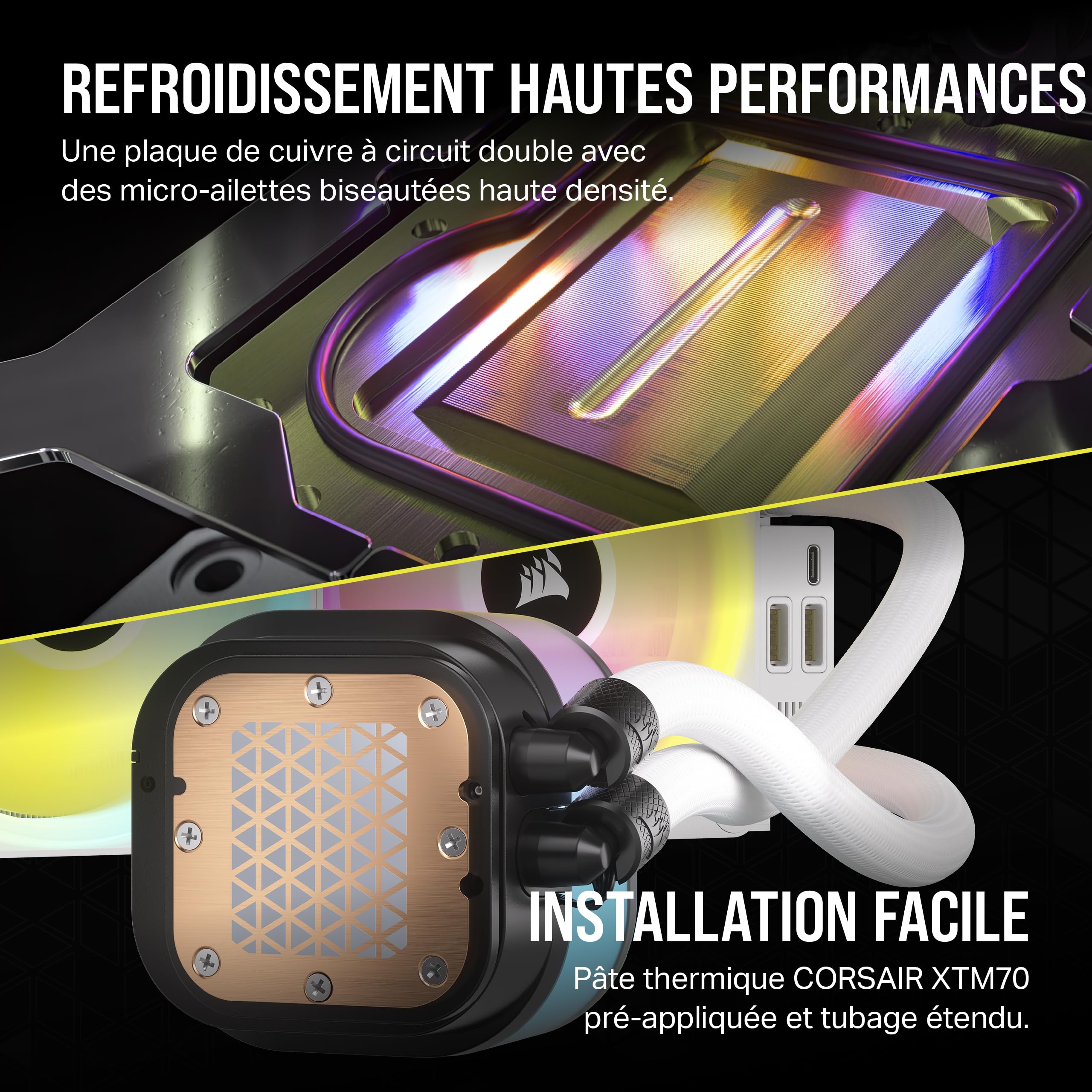 CORSAIR iCUE Link H100i RGB Liquid CPU Cooler - 240mm AIO - Ventilateurs QX120 RGB - Convient à Intel® LGA 1700, AMD® AM5 - Hub Système iCUE Link Inclus - Blanc