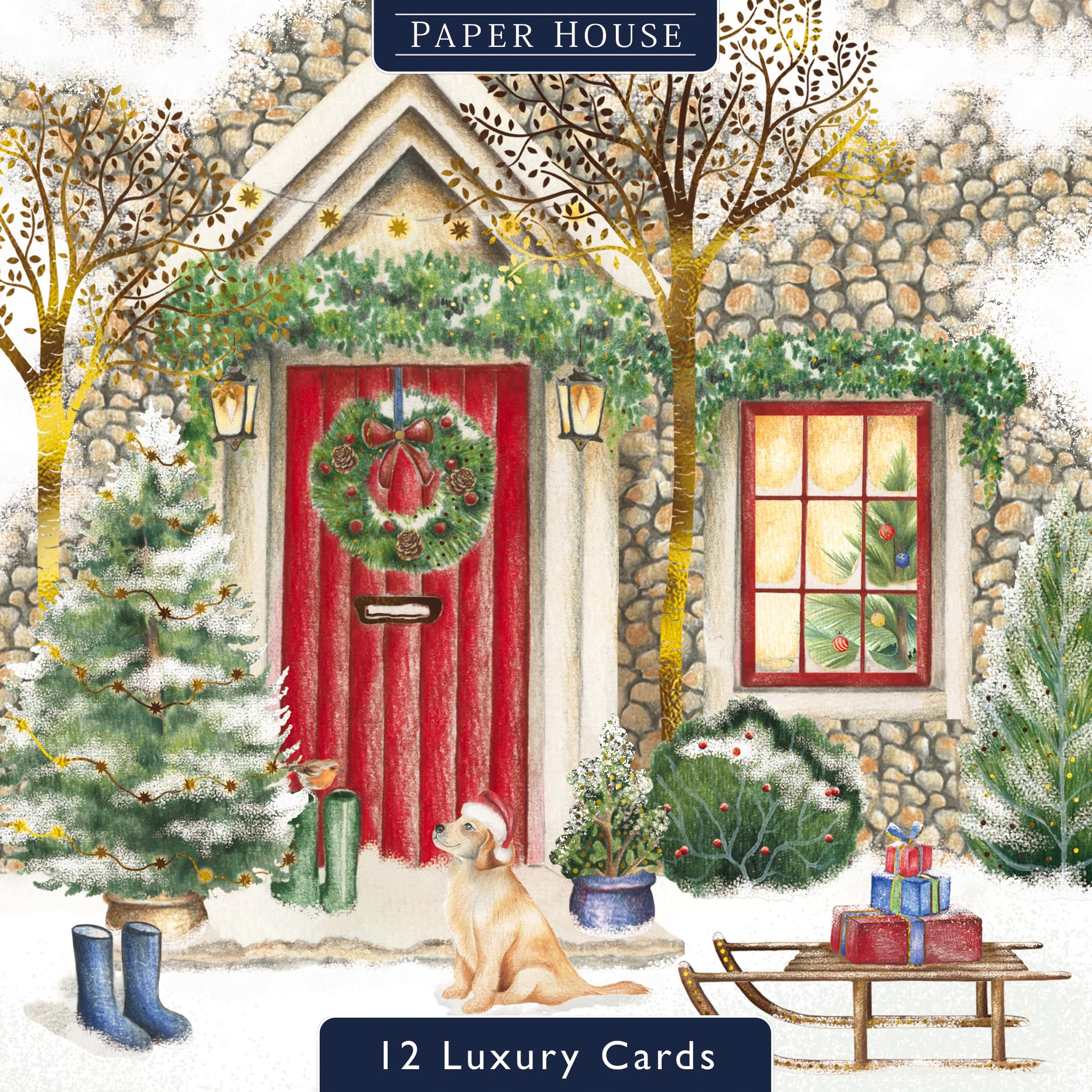 Box of 12 Paper House Puppy Dog Xmas Post Christmas Cards in 3 Designs DELP0022, red and green